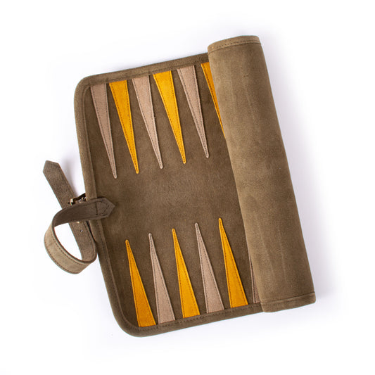 Premium Handcrafted Khaki Brown Suede Roll-Up Backgammon Set