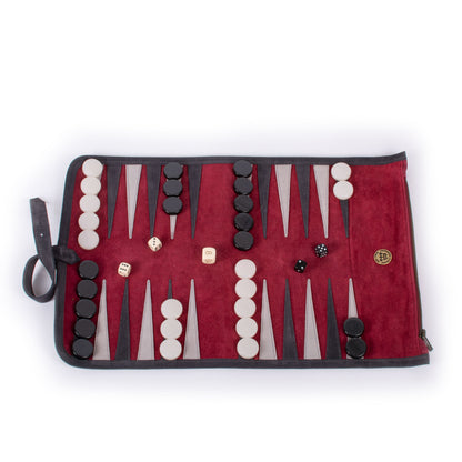 Premium Handcrafted Burgundy Red Suede Roll-Up Backgammon Set