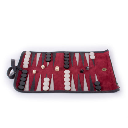 Premium Handcrafted Burgundy Red Suede Roll-Up Backgammon Set