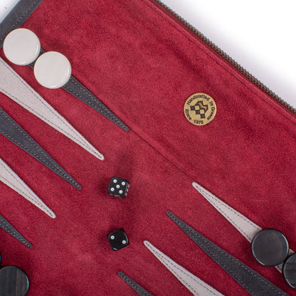 Premium Handcrafted Burgundy Red Suede Roll-Up Backgammon Set