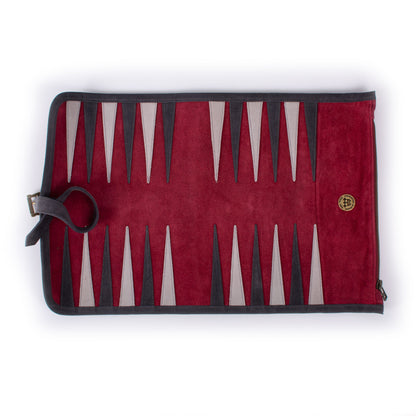 Premium Handcrafted Burgundy Red Suede Roll-Up Backgammon Set