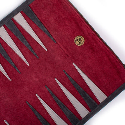Premium Handcrafted Burgundy Red Suede Roll-Up Backgammon Set