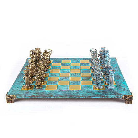 ARCHERS CHESS SET with blue/brown chessmen and bronze chessboard (Large) - Premium Chess from MANOPOULOS Chess & Backgammon - Just €275! Shop now at MANOPOULOS Chess & Backgammon