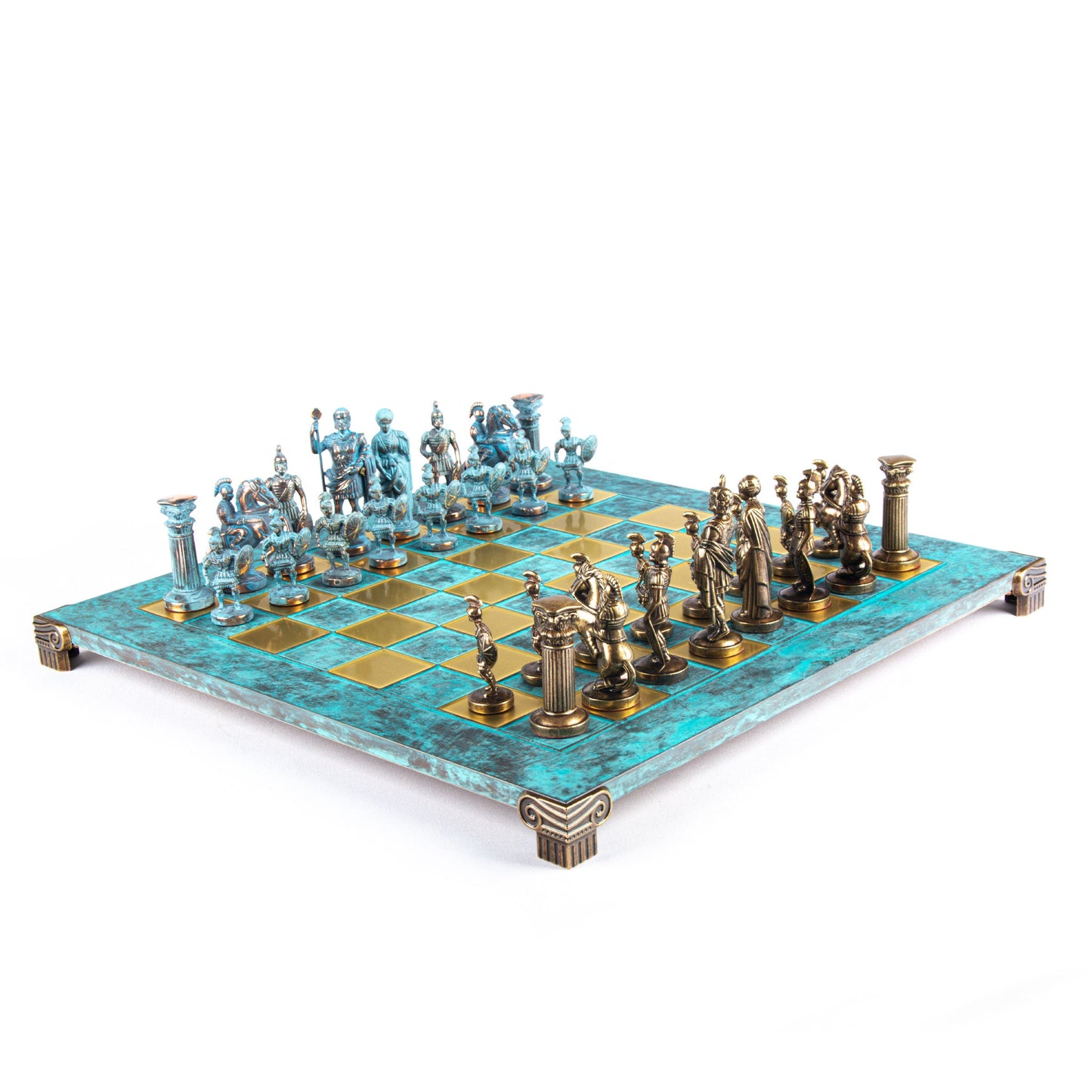 GREEK ROMAN PERIOD CHESS SET with blue/brown chessmen and bronze chessboard 44 x 44cm (Large) - Premium Chess from MANOPOULOS Chess & Backgammon - Just €275! Shop now at MANOPOULOS Chess & Backgammon