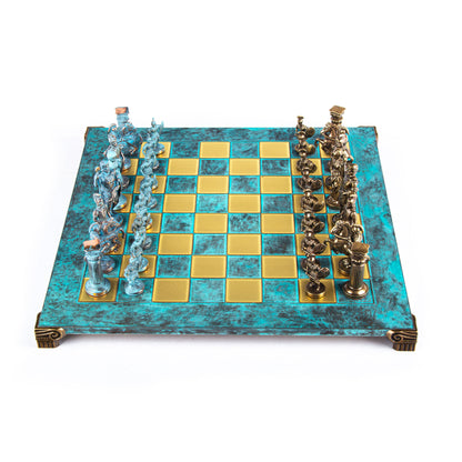 GREEK ROMAN PERIOD CHESS SET with blue/brown chessmen and bronze chessboard 44 x 44cm (Large) - Premium Chess from MANOPOULOS Chess & Backgammon - Just €275! Shop now at MANOPOULOS Chess & Backgammon