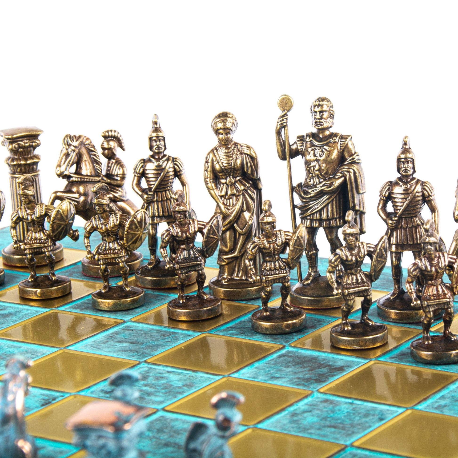 GREEK ROMAN PERIOD CHESS SET with blue/brown chessmen and bronze chessboard 44 x 44cm (Large) - Premium Chess from MANOPOULOS Chess & Backgammon - Just €275! Shop now at MANOPOULOS Chess & Backgammon