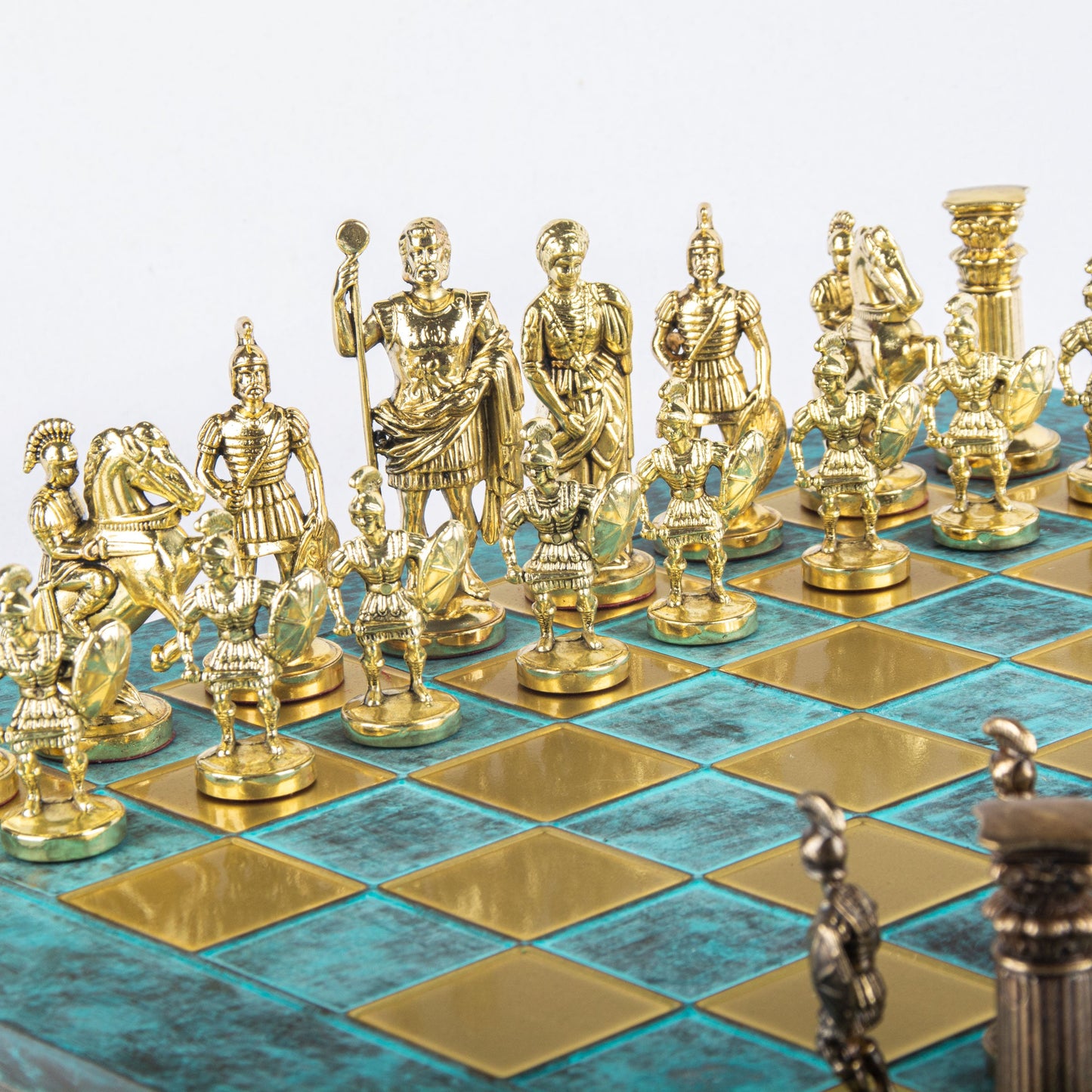 GREEK ROMAN PERIOD CHESS SET with gold/brown chessmen and bronze chessboard 44 x 44cm (Large) - Premium Chess from MANOPOULOS Chess & Backgammon - Just €275! Shop now at MANOPOULOS Chess & Backgammon