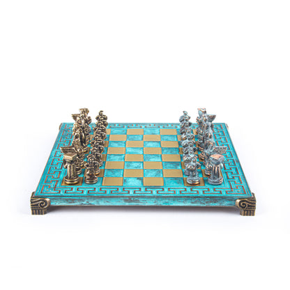 SPARTAN WARRIOR CHESS SET with blue/brown chessmen and Meander bronze chessboard 28 x 28cm (Small) - Premium Chess from MANOPOULOS Chess & Backgammon - Just €168! Shop now at MANOPOULOS Chess & Backgammon