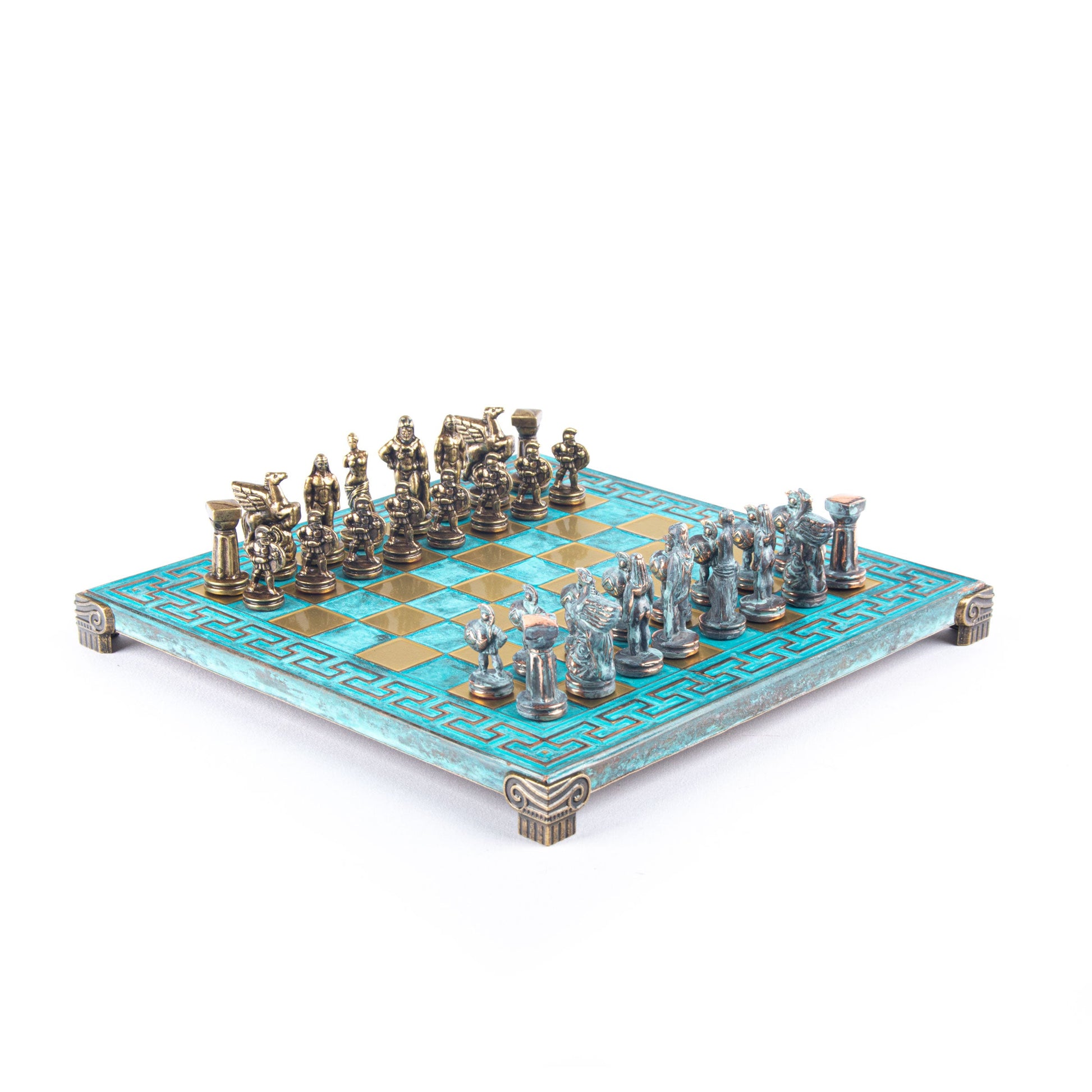 SPARTAN WARRIOR CHESS SET with blue/brown chessmen and Meander bronze chessboard 28 x 28cm (Small) - Premium Chess from MANOPOULOS Chess & Backgammon - Just €168! Shop now at MANOPOULOS Chess & Backgammon