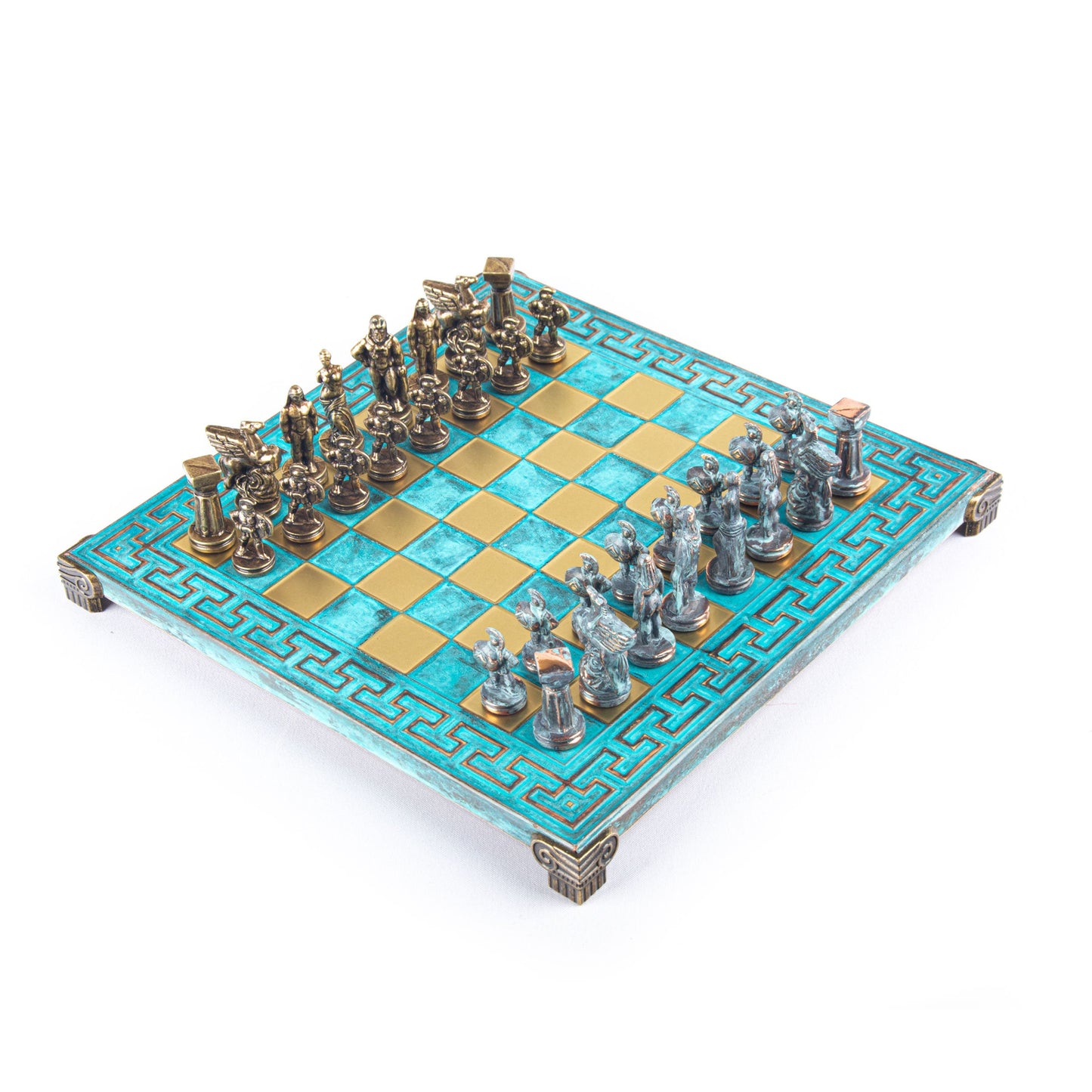 SPARTAN WARRIOR CHESS SET with blue/brown chessmen and Meander bronze chessboard 28 x 28cm (Small) - Premium Chess from MANOPOULOS Chess & Backgammon - Just €168! Shop now at MANOPOULOS Chess & Backgammon