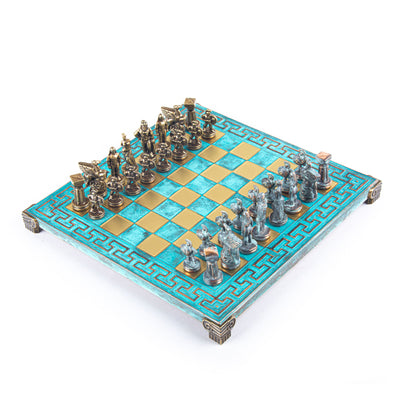 SPARTAN WARRIOR CHESS SET with blue/brown chessmen and Meander bronze chessboard 28 x 28cm (Small) - Premium Chess from MANOPOULOS Chess & Backgammon - Just €168! Shop now at MANOPOULOS Chess & Backgammon