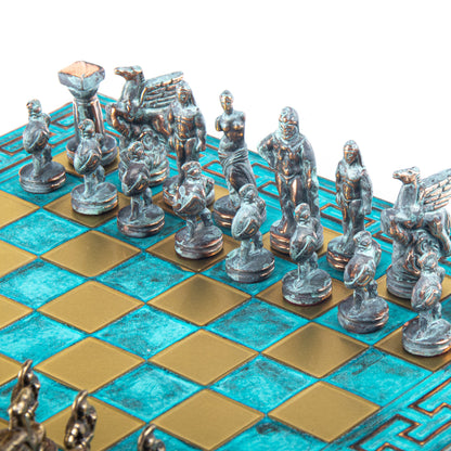 SPARTAN WARRIOR CHESS SET with blue/brown chessmen and Meander bronze chessboard 28 x 28cm (Small) - Premium Chess from MANOPOULOS Chess & Backgammon - Just €168! Shop now at MANOPOULOS Chess & Backgammon