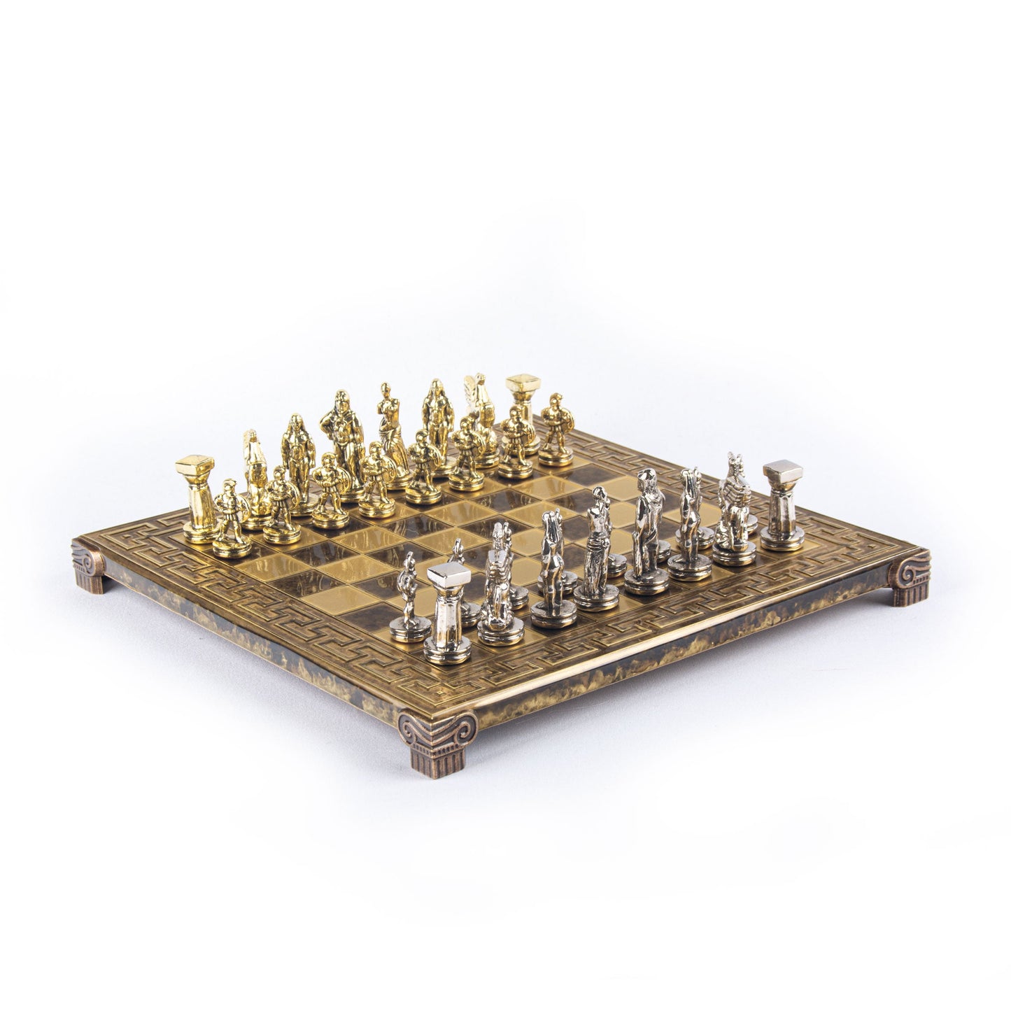 SPARTAN WARRIOR CHESS SET with gold/silver chessmen and Meander bronze chessboard 28 x 28cm (Small) - Premium Chess from MANOPOULOS Chess & Backgammon - Just €168! Shop now at MANOPOULOS Chess & Backgammon