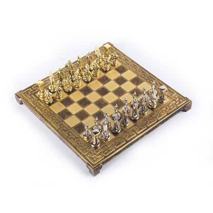 SPARTAN WARRIOR CHESS SET with gold/silver chessmen and Meander bronze chessboard 28 x 28cm (Small) - Premium Chess from MANOPOULOS Chess & Backgammon - Just €168! Shop now at MANOPOULOS Chess & Backgammon