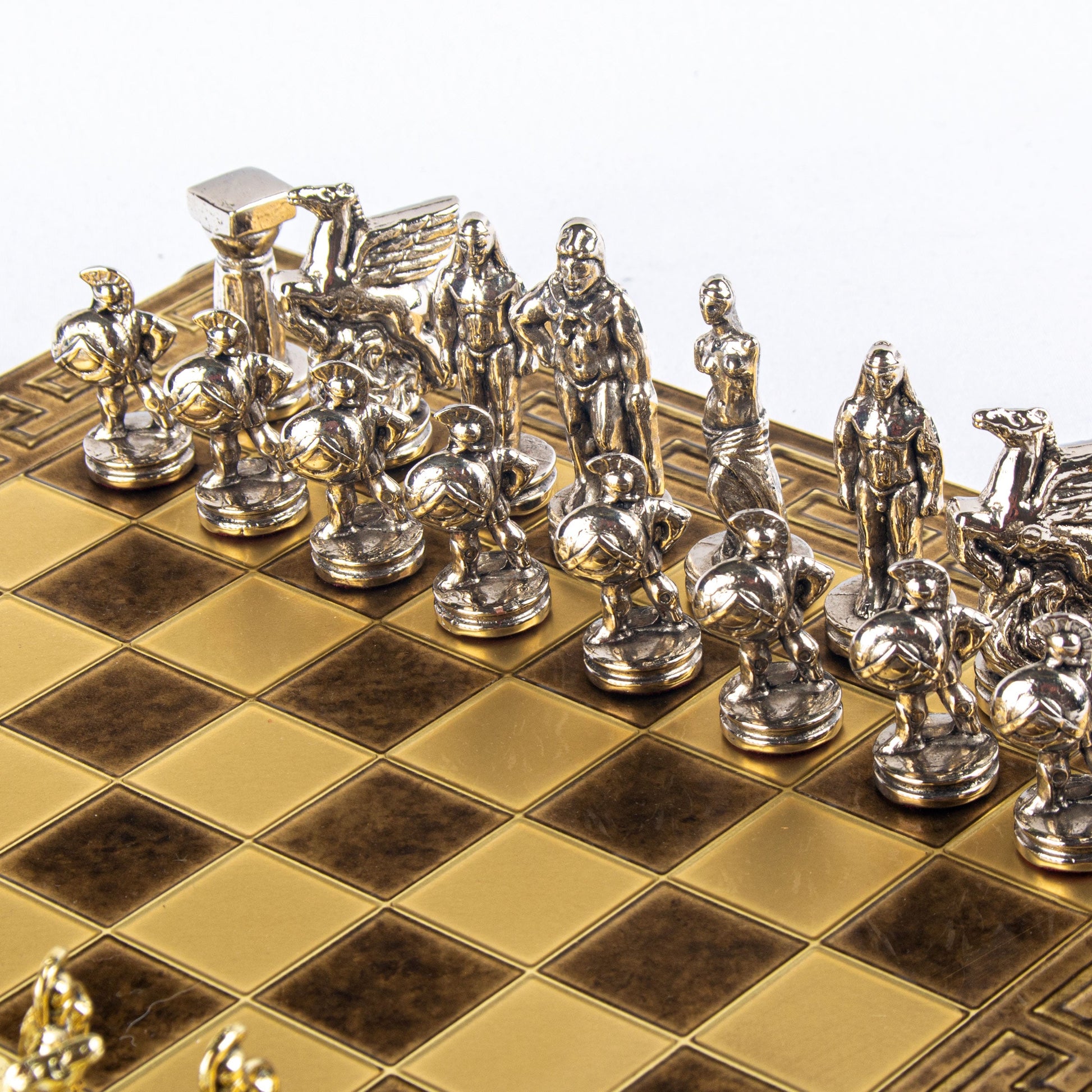 SPARTAN WARRIOR CHESS SET with gold/silver chessmen and Meander bronze chessboard 28 x 28cm (Small) - Premium Chess from MANOPOULOS Chess & Backgammon - Just €168! Shop now at MANOPOULOS Chess & Backgammon