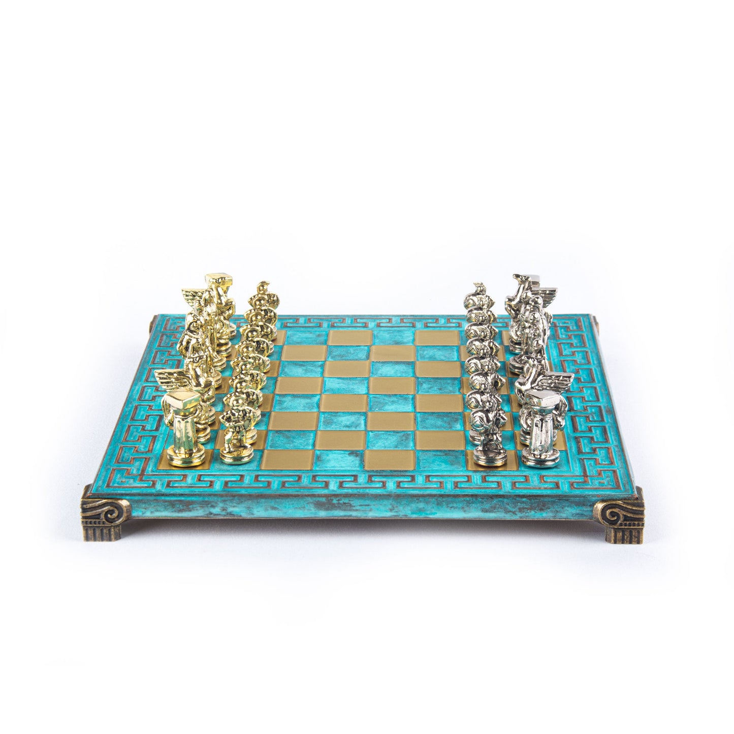 SPARTAN WARRIOR CHESS SET with gold/silver chessmen and Meander bronze chessboard 28 x 28cm (Small) - Premium Chess from MANOPOULOS Chess & Backgammon - Just €168! Shop now at MANOPOULOS Chess & Backgammon