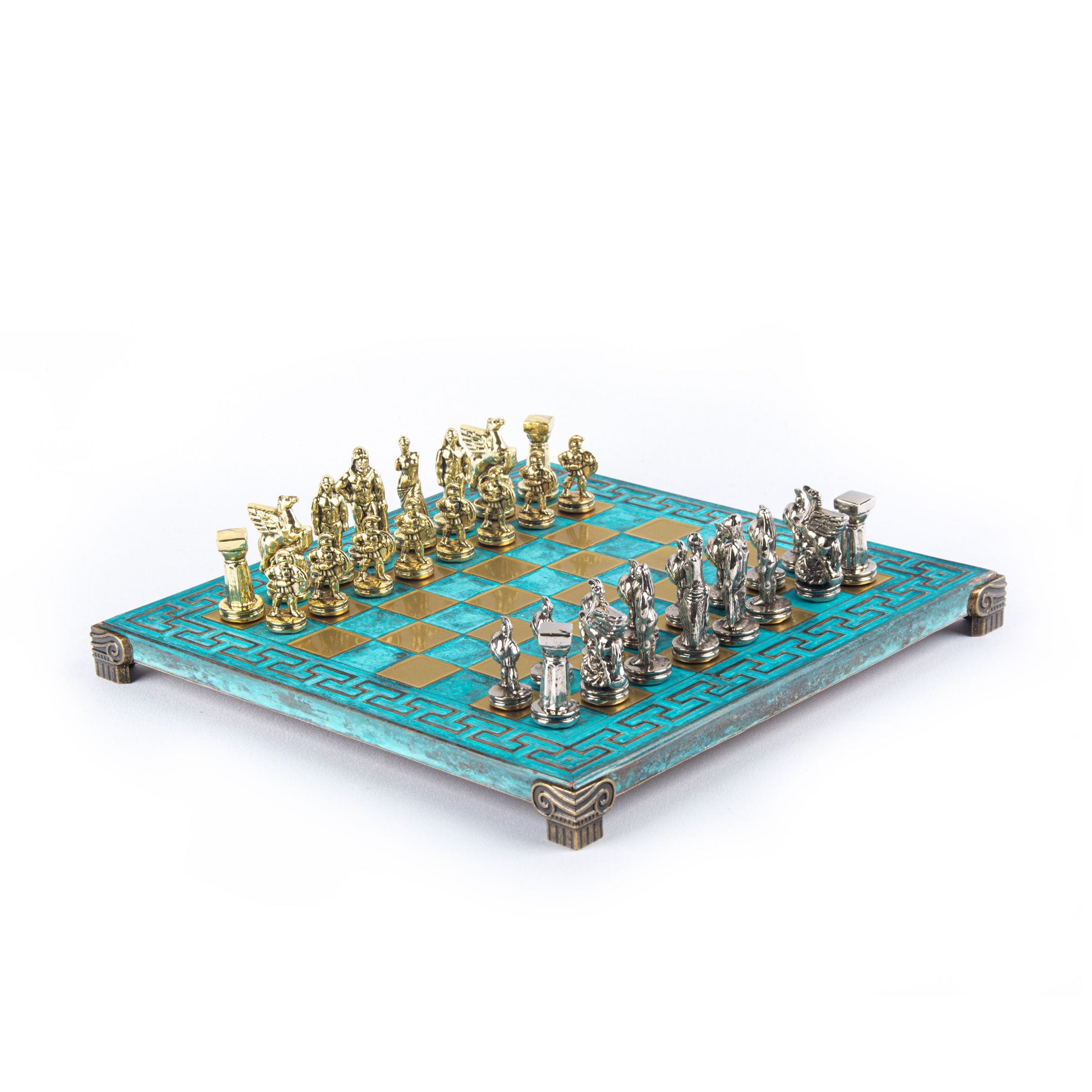 SPARTAN WARRIOR CHESS SET with gold/silver chessmen and Meander bronze chessboard 28 x 28cm (Small) - Premium Chess from MANOPOULOS Chess & Backgammon - Just €168! Shop now at MANOPOULOS Chess & Backgammon