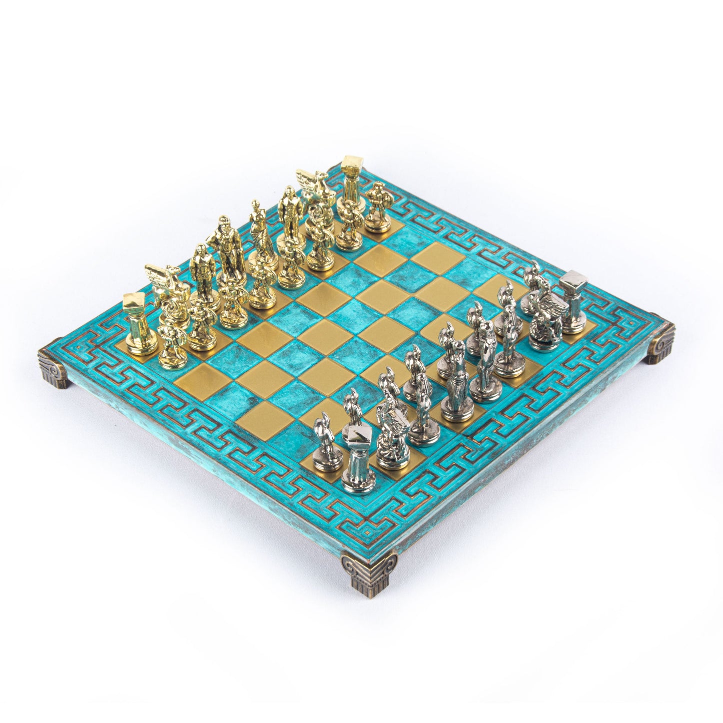 SPARTAN WARRIOR CHESS SET with gold/silver chessmen and Meander bronze chessboard 28 x 28cm (Small) - Premium Chess from MANOPOULOS Chess & Backgammon - Just €168! Shop now at MANOPOULOS Chess & Backgammon