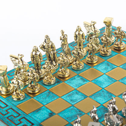 SPARTAN WARRIOR CHESS SET with gold/silver chessmen and Meander bronze chessboard 28 x 28cm (Small) - Premium Chess from MANOPOULOS Chess & Backgammon - Just €168! Shop now at MANOPOULOS Chess & Backgammon