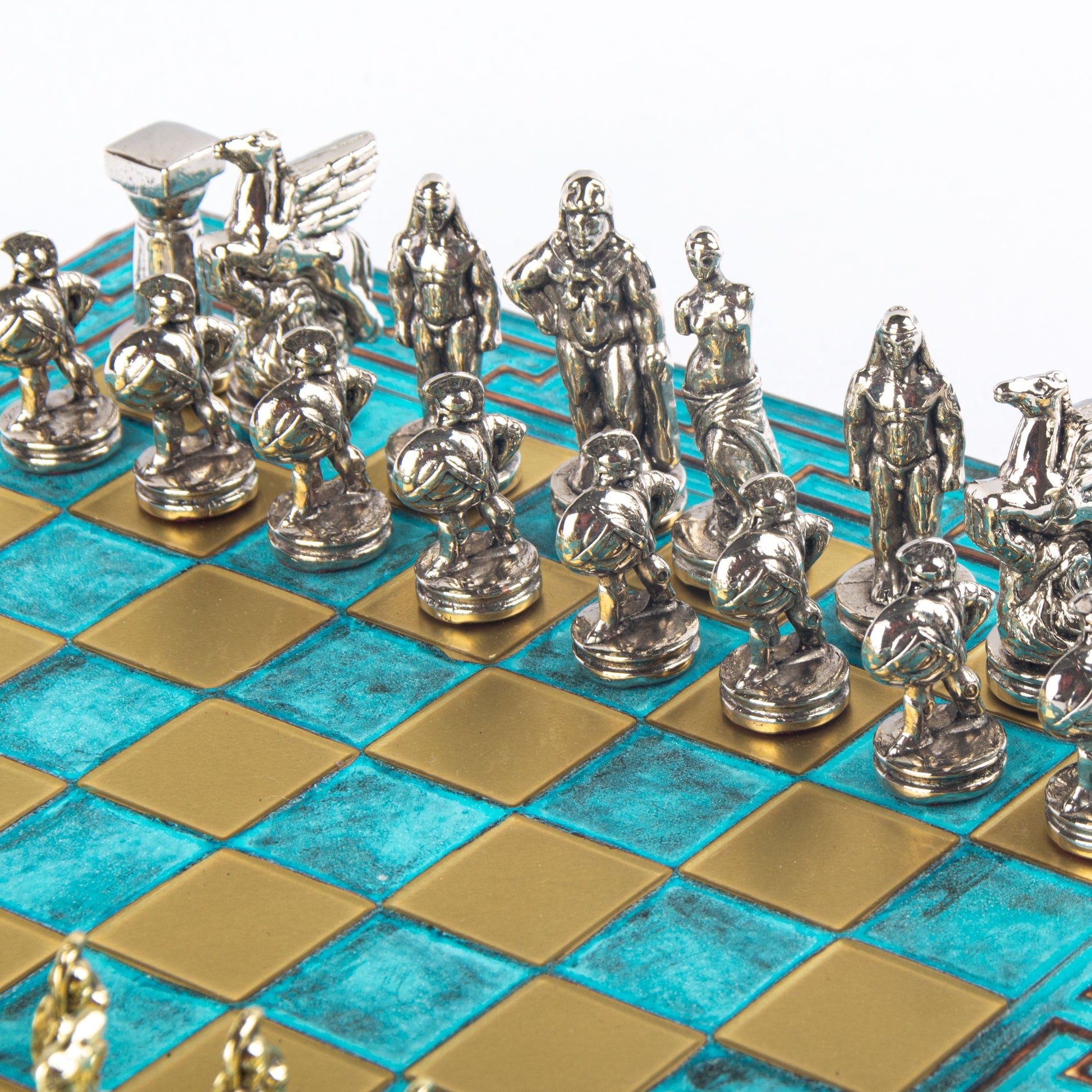 SPARTAN WARRIOR CHESS SET with gold/silver chessmen and Meander bronze chessboard 28 x 28cm (Small) - Premium Chess from MANOPOULOS Chess & Backgammon - Just €168! Shop now at MANOPOULOS Chess & Backgammon