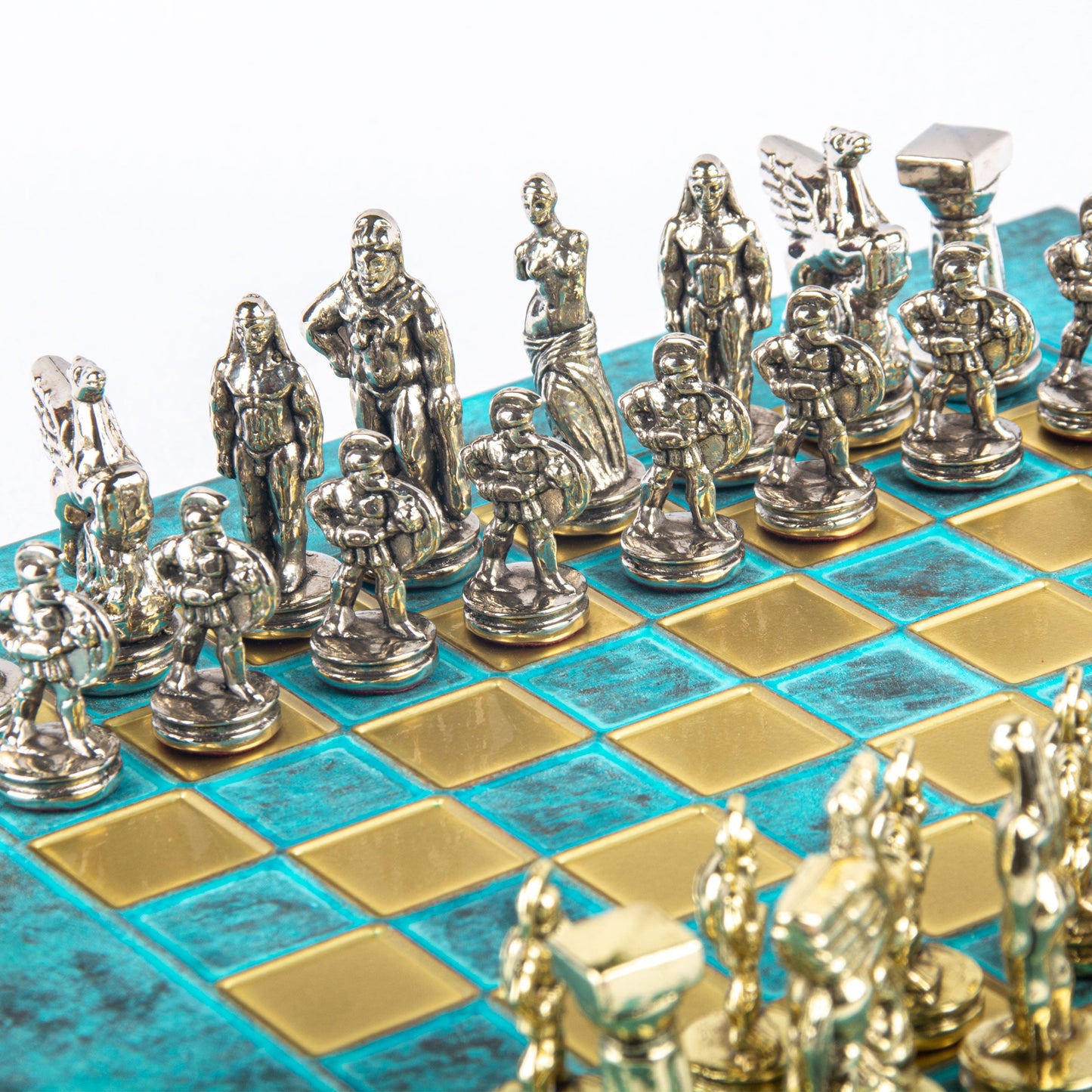 SPARTAN WARRIOR CHESS SET with gold/silver chessmen and bronze chessboard 28 x 28cm (Small) - Premium Chess from MANOPOULOS Chess & Backgammon - Just €168! Shop now at MANOPOULOS Chess & Backgammon