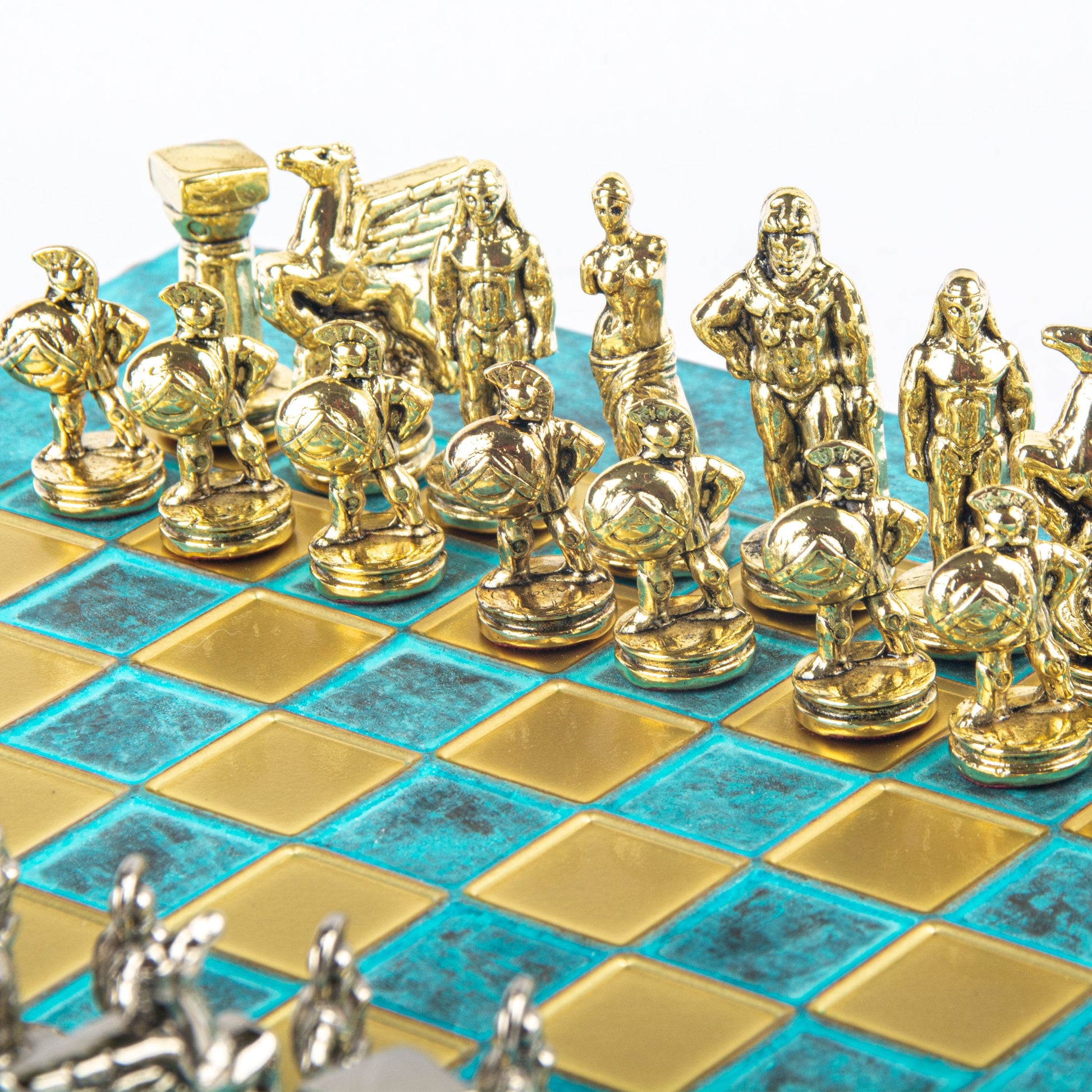 SPARTAN WARRIOR CHESS SET with gold/silver chessmen and bronze chessboard 28 x 28cm (Small) - Premium Chess from MANOPOULOS Chess & Backgammon - Just €168! Shop now at MANOPOULOS Chess & Backgammon