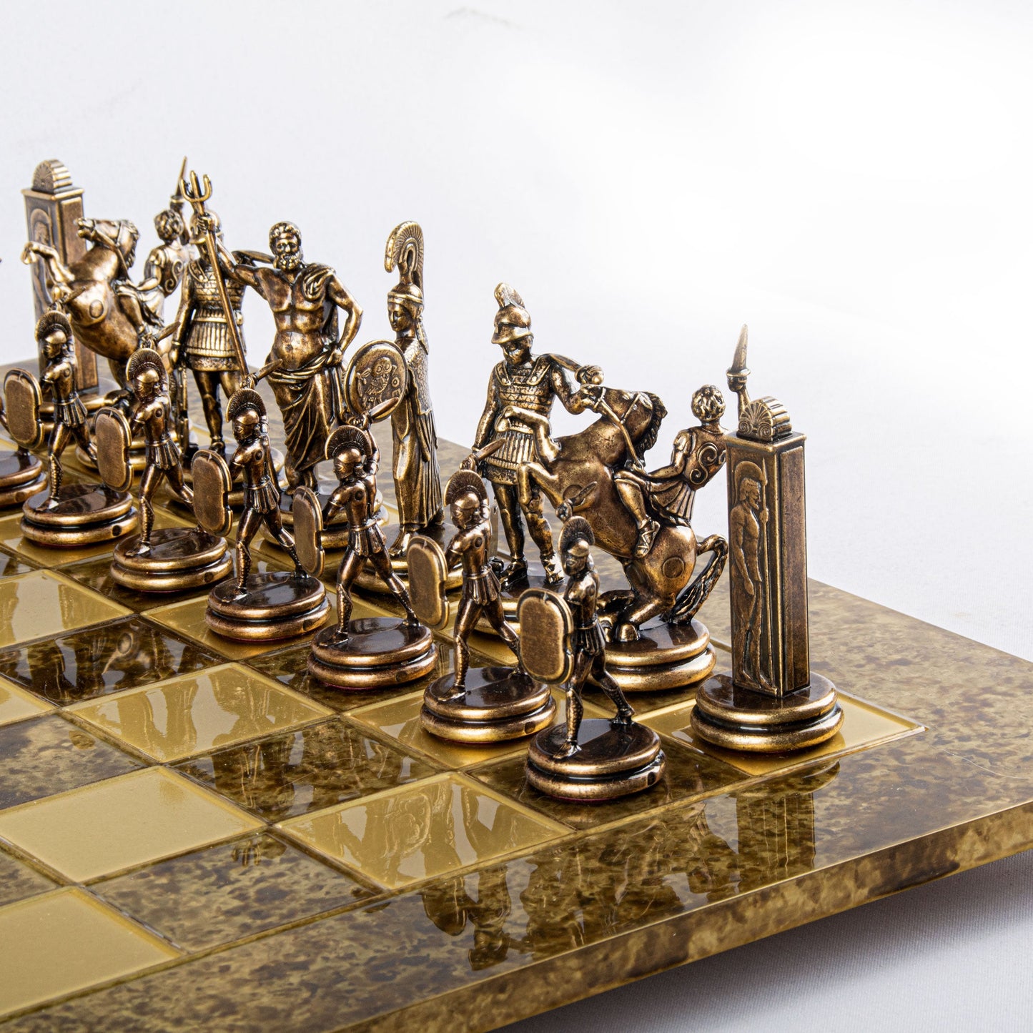 GREEK MYTHOLOGY CHESS SET with gold/brown chessmen and bronze chessboard 54 x 54cm (Extra Large) - Premium Chess from MANOPOULOS Chess & Backgammon - Just €585! Shop now at MANOPOULOS Chess & Backgammon