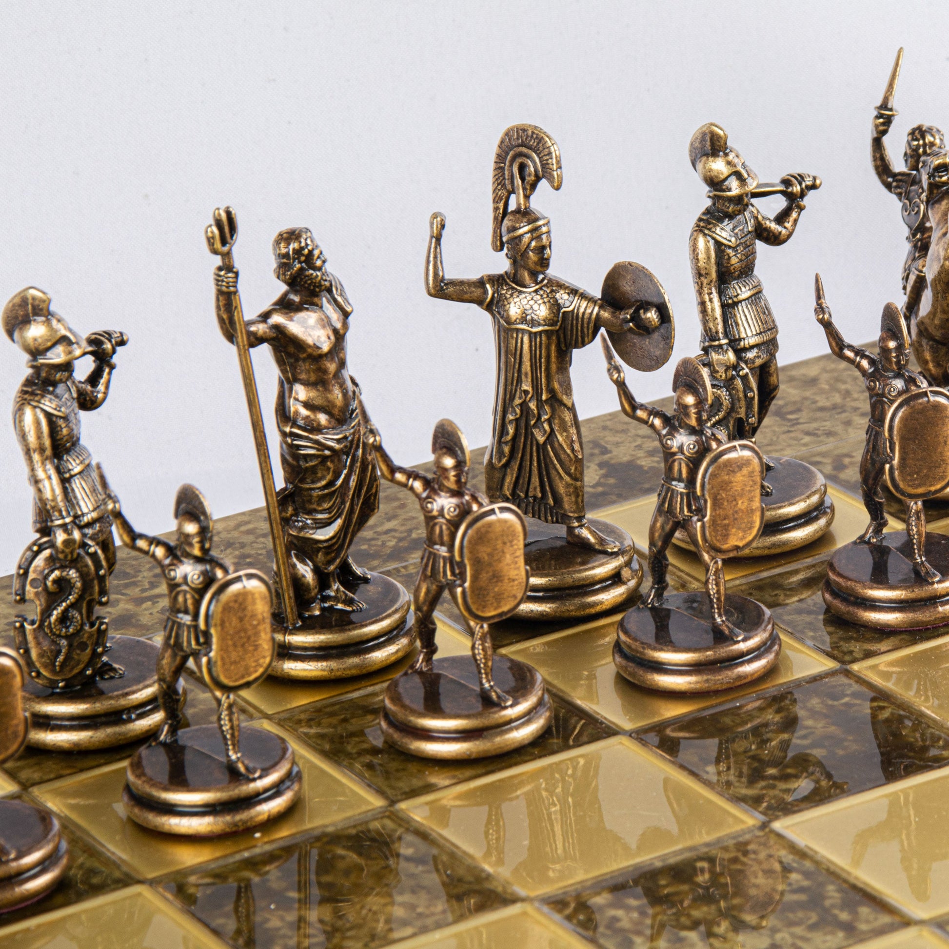 GREEK MYTHOLOGY CHESS SET with gold/brown chessmen and bronze chessboard 54 x 54cm (Extra Large) - Premium Chess from MANOPOULOS Chess & Backgammon - Just €585! Shop now at MANOPOULOS Chess & Backgammon