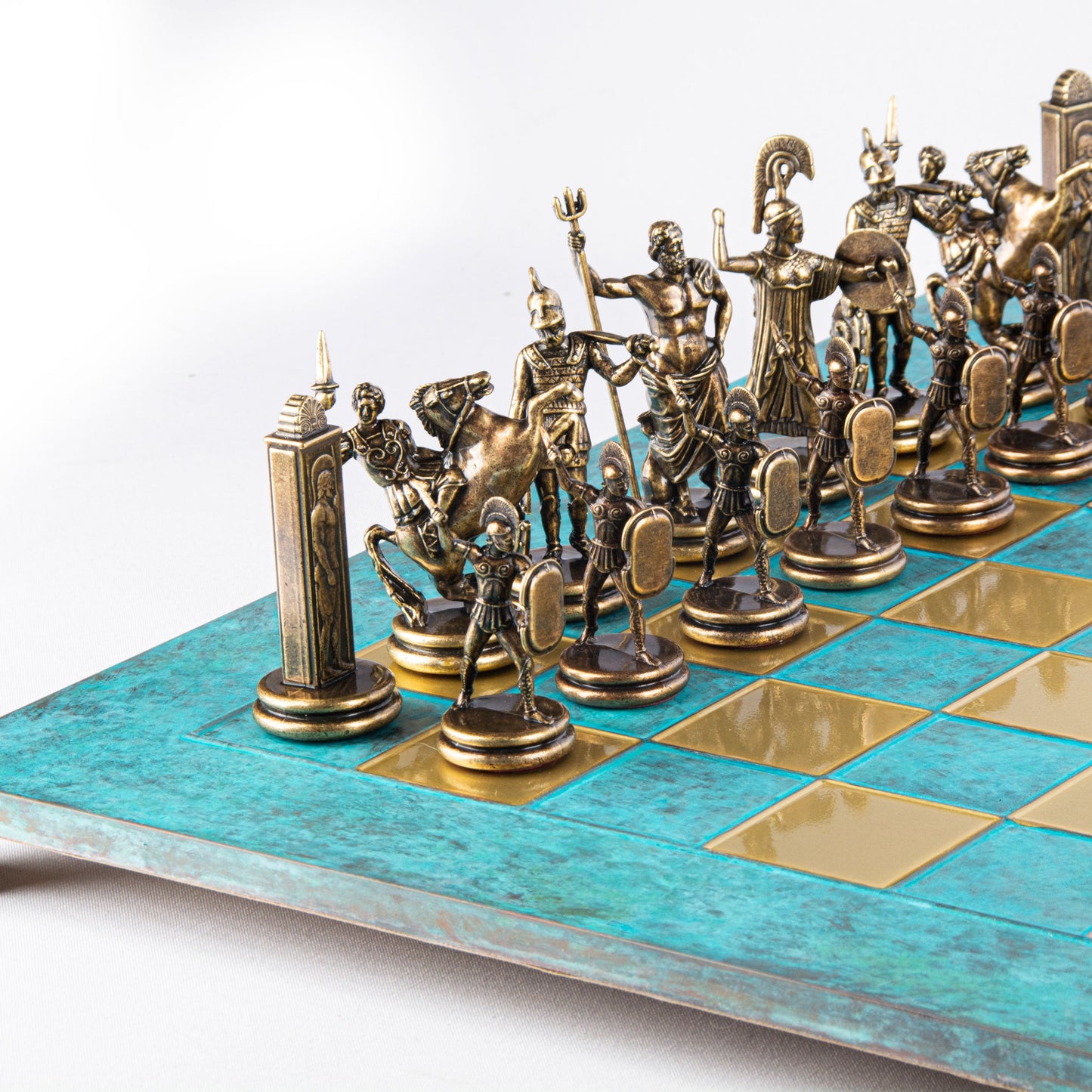 GREEK MYTHOLOGY CHESS SET with gold/brown chessmen and bronze chessboard 54 x 54cm (Extra Large) - Premium Chess from MANOPOULOS Chess & Backgammon - Just €585! Shop now at MANOPOULOS Chess & Backgammon