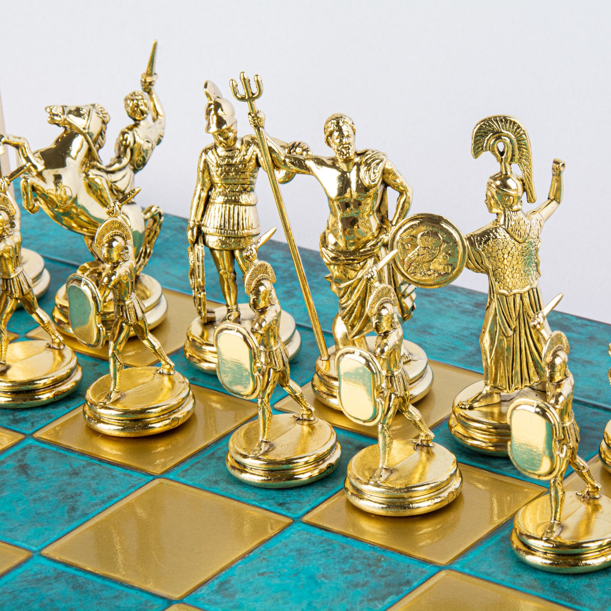 GREEK MYTHOLOGY CHESS SET with gold/brown chessmen and bronze chessboard 54 x 54cm (Extra Large) - Premium Chess from MANOPOULOS Chess & Backgammon - Just €585! Shop now at MANOPOULOS Chess & Backgammon