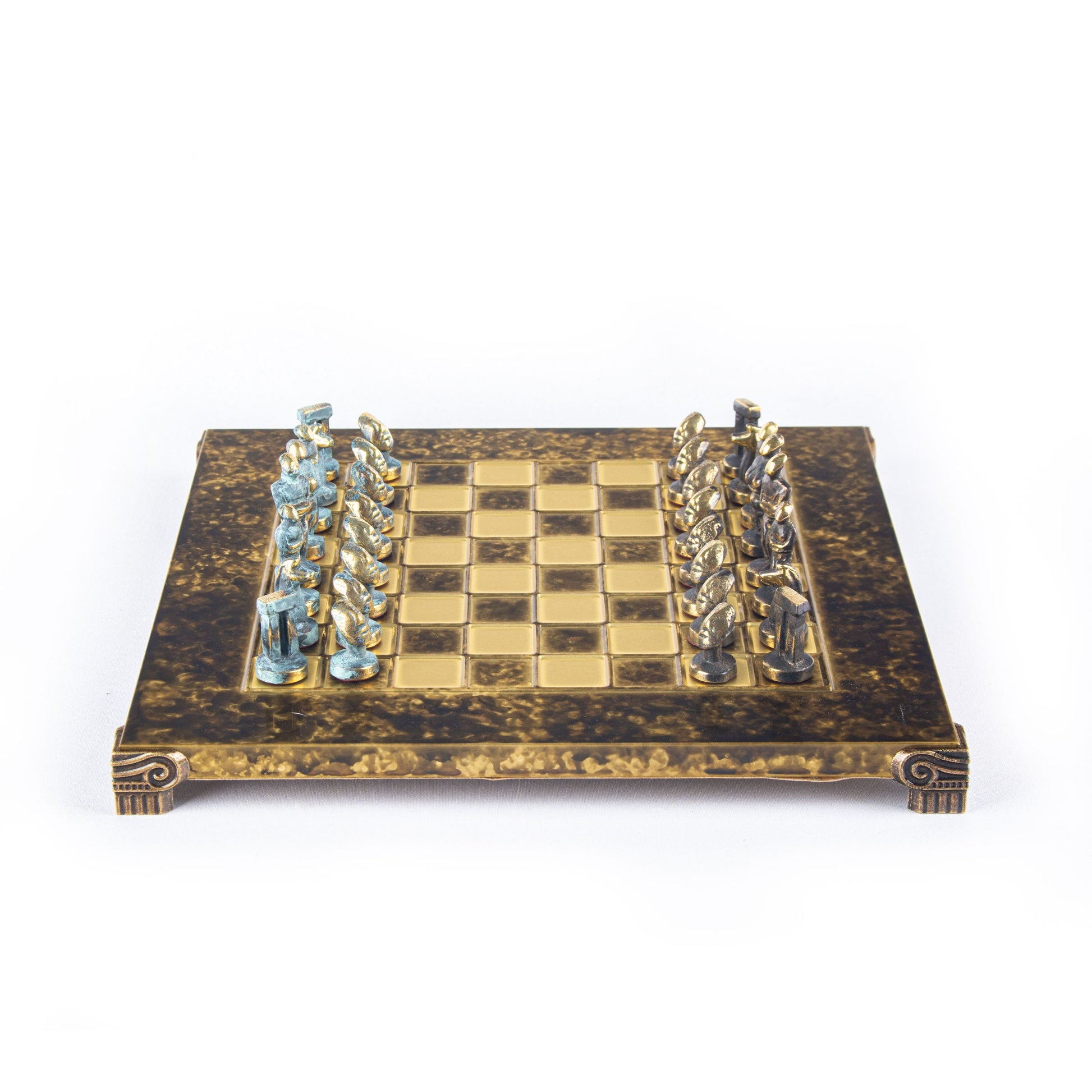 CYCLADIC ART SOLID BRASS CHESS SET with blue/brown chessmen and bronze chessboard 28 x 28cm (Small) - Premium Chess from MANOPOULOS Chess & Backgammon - Just €188.70! Shop now at MANOPOULOS Chess & Backgammon