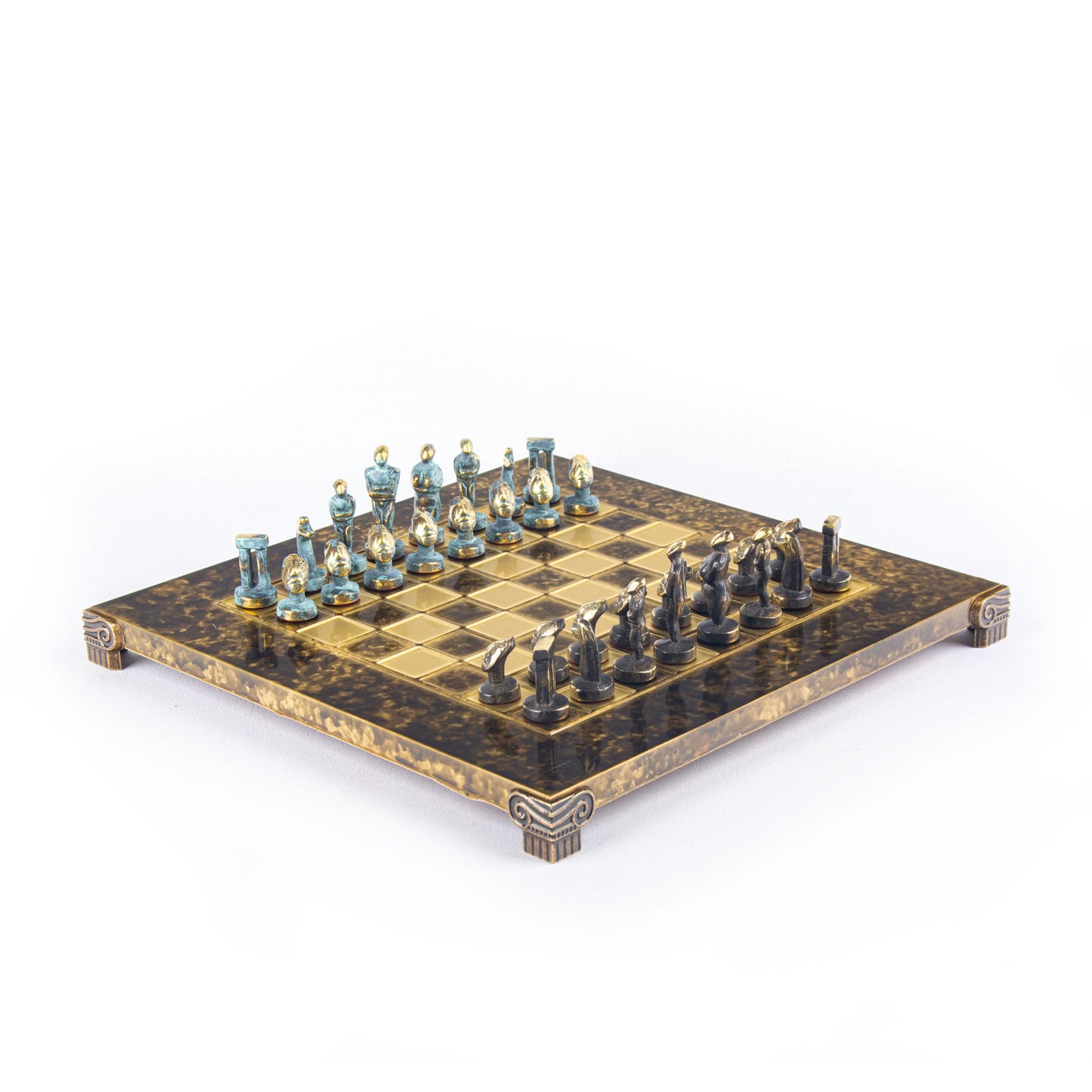 CYCLADIC ART SOLID BRASS CHESS SET with blue/brown chessmen and bronze chessboard 28 x 28cm (Small) - Premium Chess from MANOPOULOS Chess & Backgammon - Just €188.70! Shop now at MANOPOULOS Chess & Backgammon