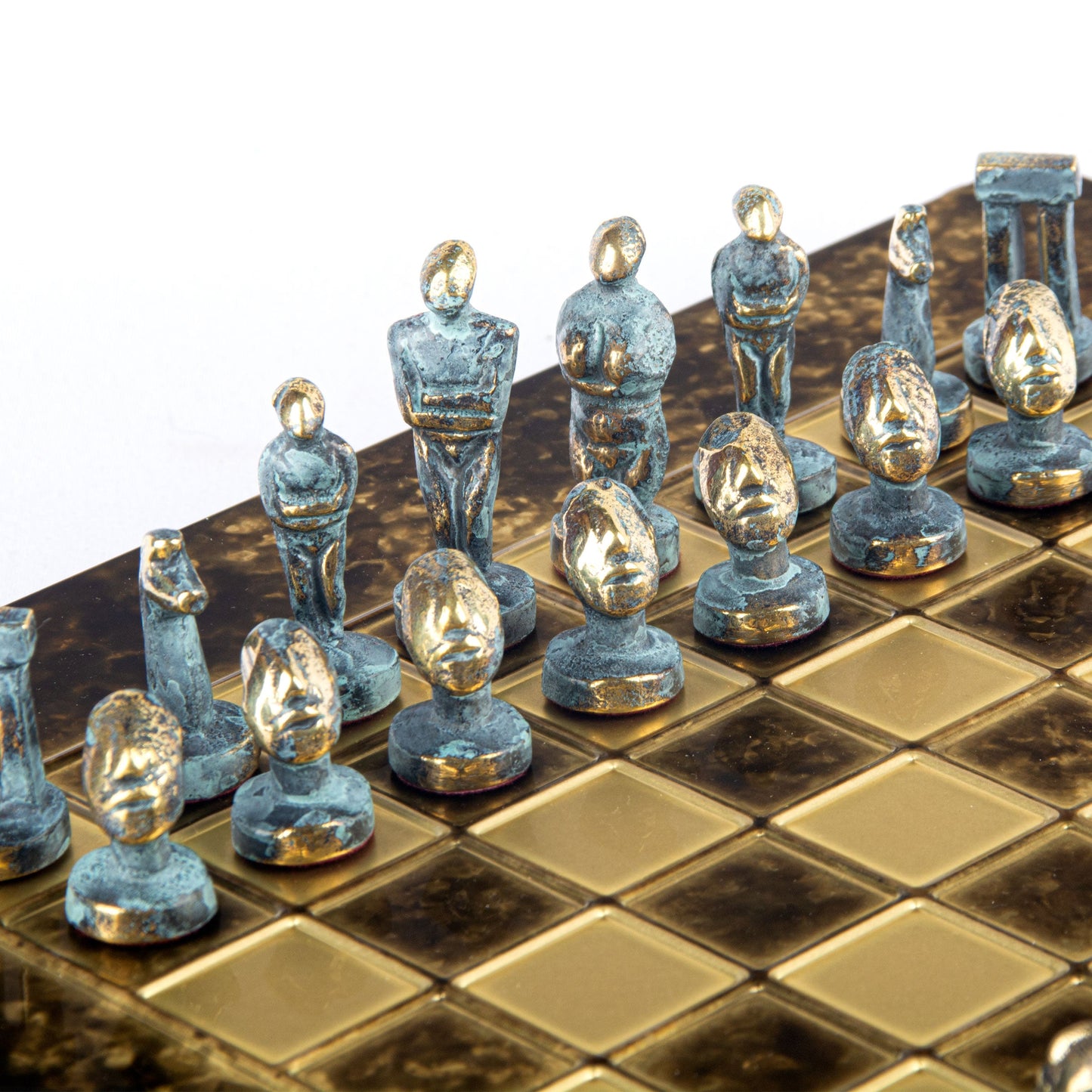 CYCLADIC ART SOLID BRASS CHESS SET with blue/brown chessmen and bronze chessboard 28 x 28cm (Small) - Premium Chess from MANOPOULOS Chess & Backgammon - Just €188.70! Shop now at MANOPOULOS Chess & Backgammon