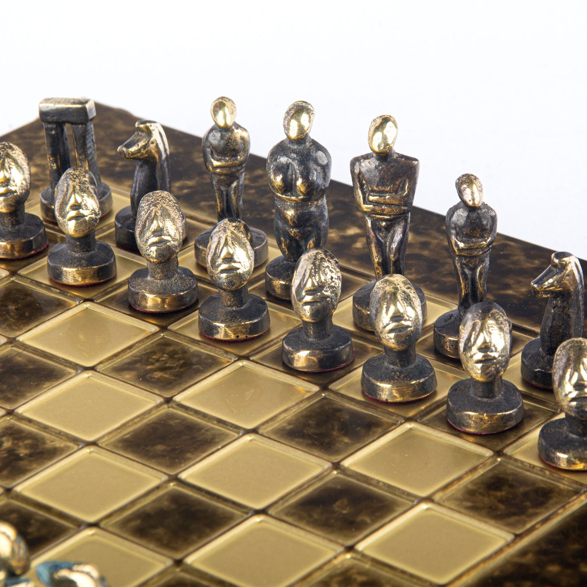 CYCLADIC ART SOLID BRASS CHESS SET with blue/brown chessmen and bronze chessboard 28 x 28cm (Small) - Premium Chess from MANOPOULOS Chess & Backgammon - Just €188.70! Shop now at MANOPOULOS Chess & Backgammon