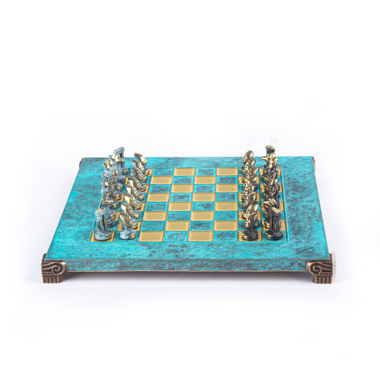 CYCLADIC ART SOLID BRASS CHESS SET with blue/brown chessmen and bronze chessboard 28 x 28cm (Small) - Premium Chess from MANOPOULOS Chess & Backgammon - Just €188.70! Shop now at MANOPOULOS Chess & Backgammon