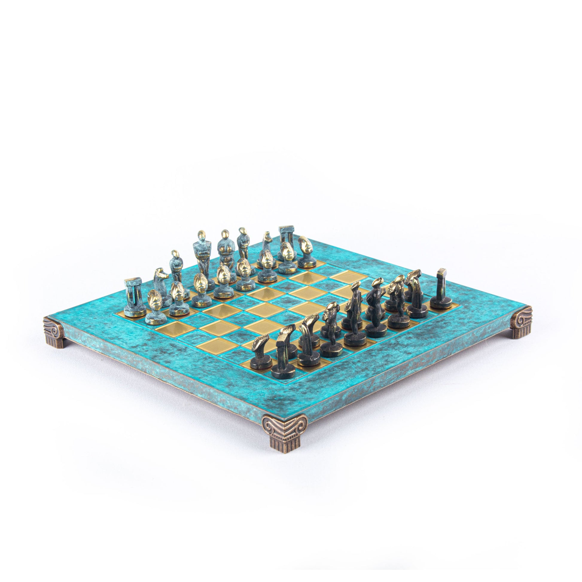 CYCLADIC ART SOLID BRASS CHESS SET with blue/brown chessmen and bronze chessboard 28 x 28cm (Small) - Premium Chess from MANOPOULOS Chess & Backgammon - Just €188.70! Shop now at MANOPOULOS Chess & Backgammon