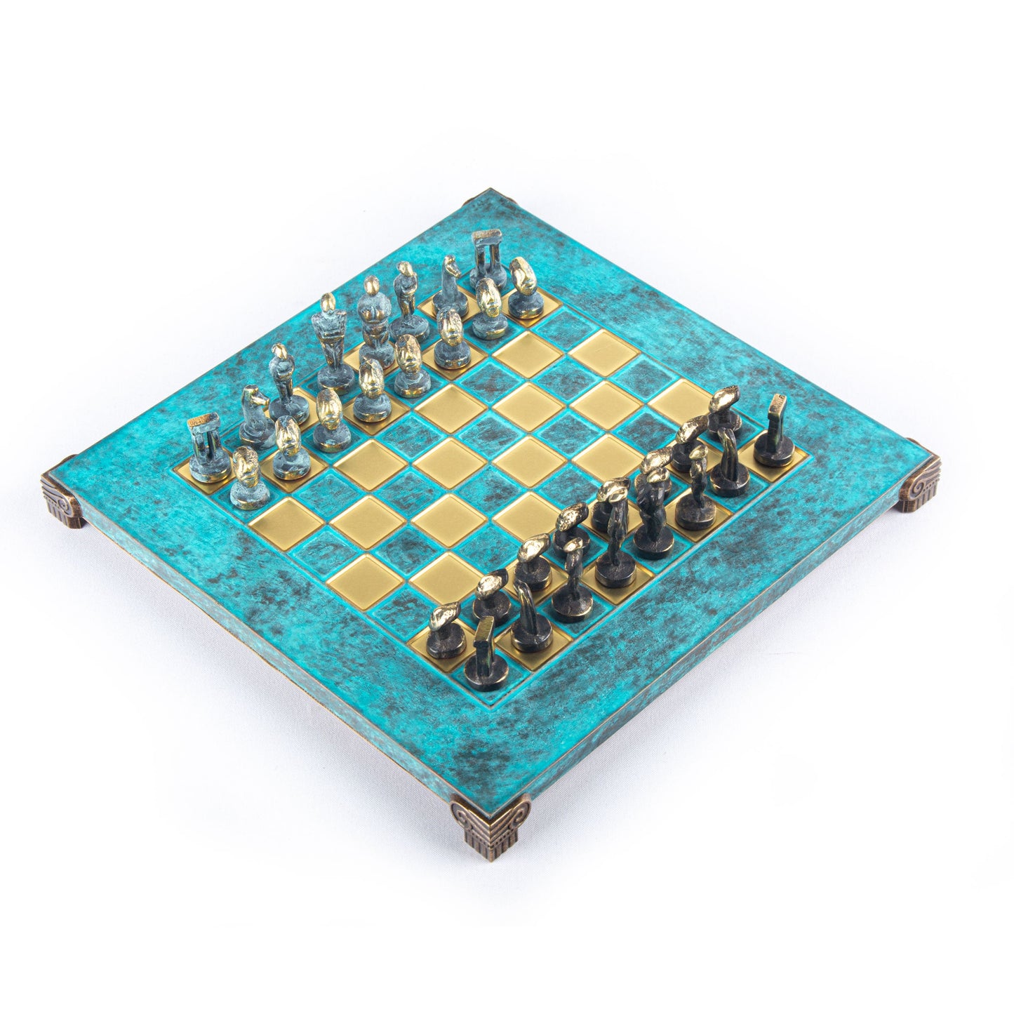 CYCLADIC ART SOLID BRASS CHESS SET with blue/brown chessmen and bronze chessboard 28 x 28cm (Small) - Premium Chess from MANOPOULOS Chess & Backgammon - Just €188.70! Shop now at MANOPOULOS Chess & Backgammon