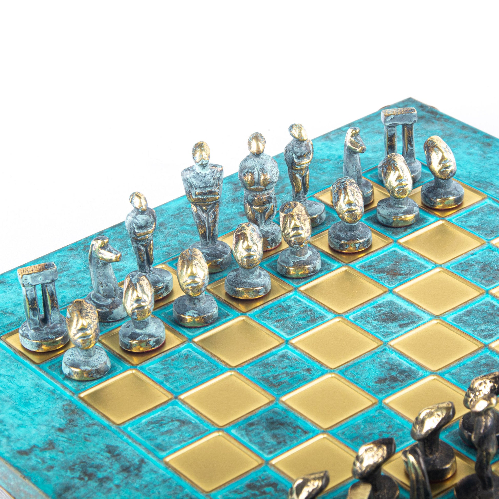 CYCLADIC ART SOLID BRASS CHESS SET with blue/brown chessmen and bronze chessboard 28 x 28cm (Small) - Premium Chess from MANOPOULOS Chess & Backgammon - Just €188.70! Shop now at MANOPOULOS Chess & Backgammon