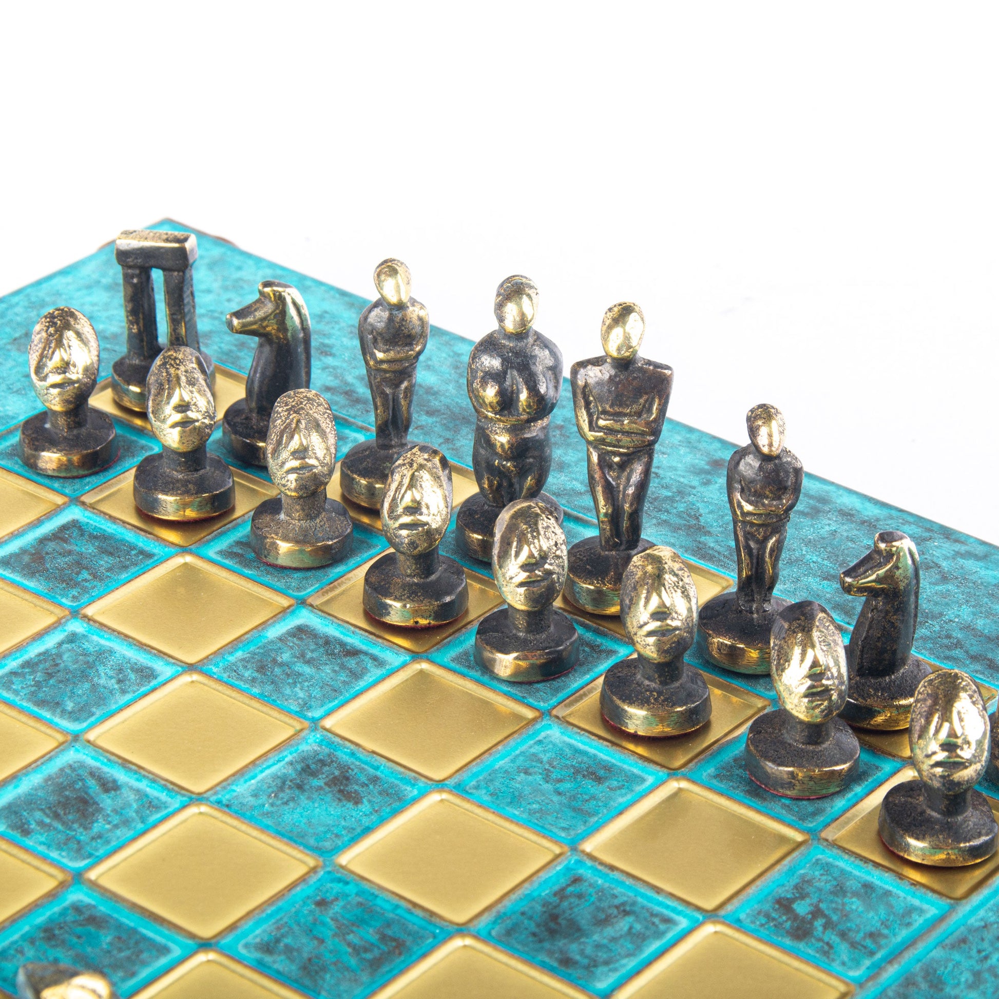 CYCLADIC ART SOLID BRASS CHESS SET with blue/brown chessmen and bronze chessboard 28 x 28cm (Small) - Premium Chess from MANOPOULOS Chess & Backgammon - Just €188.70! Shop now at MANOPOULOS Chess & Backgammon