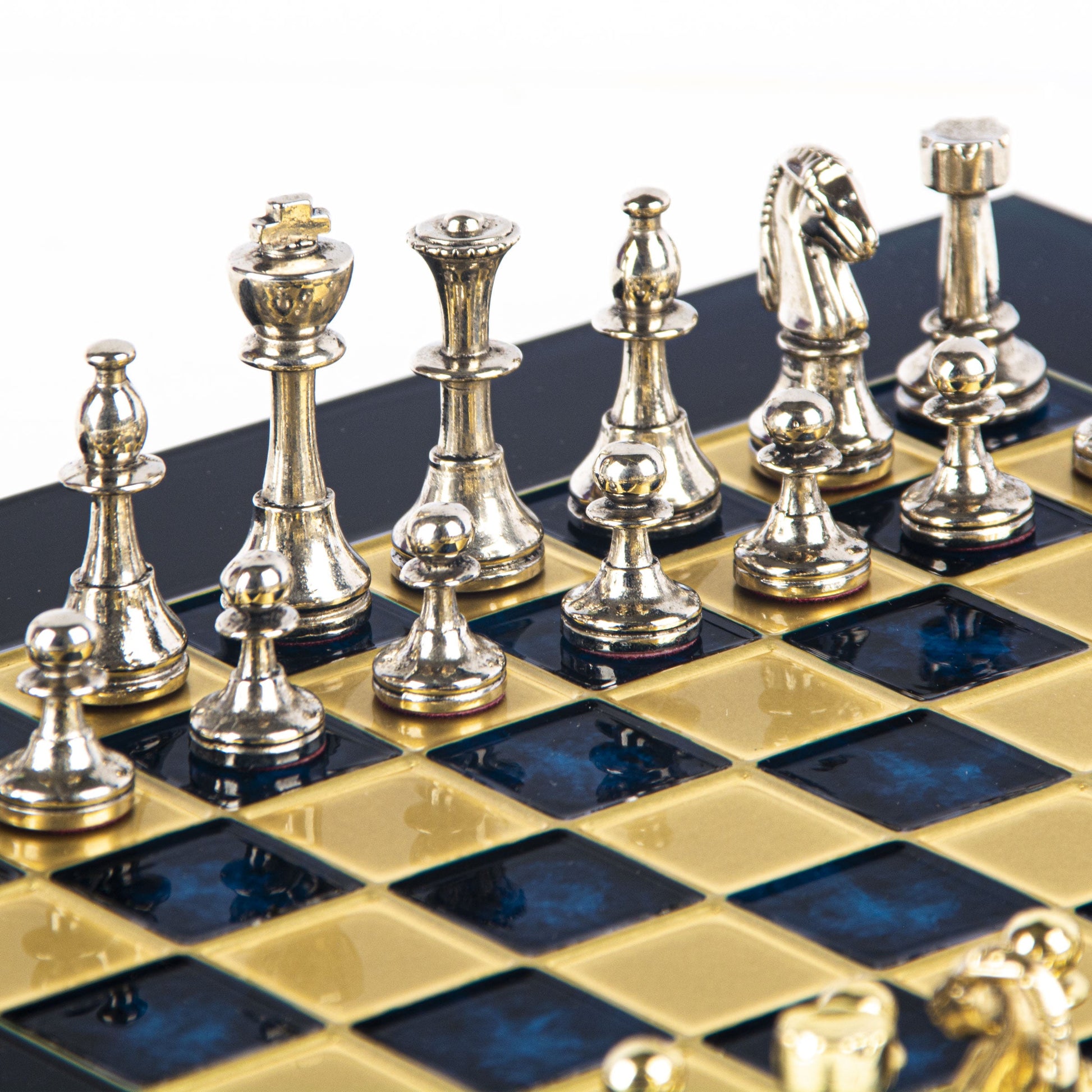 CLASSIC METAL STAUNTON CHESS SET with gold/silver chessmen and bronze chessboard 28 x 28cm (Small) - Premium Chess from MANOPOULOS Chess & Backgammon - Just €168! Shop now at MANOPOULOS Chess & Backgammon