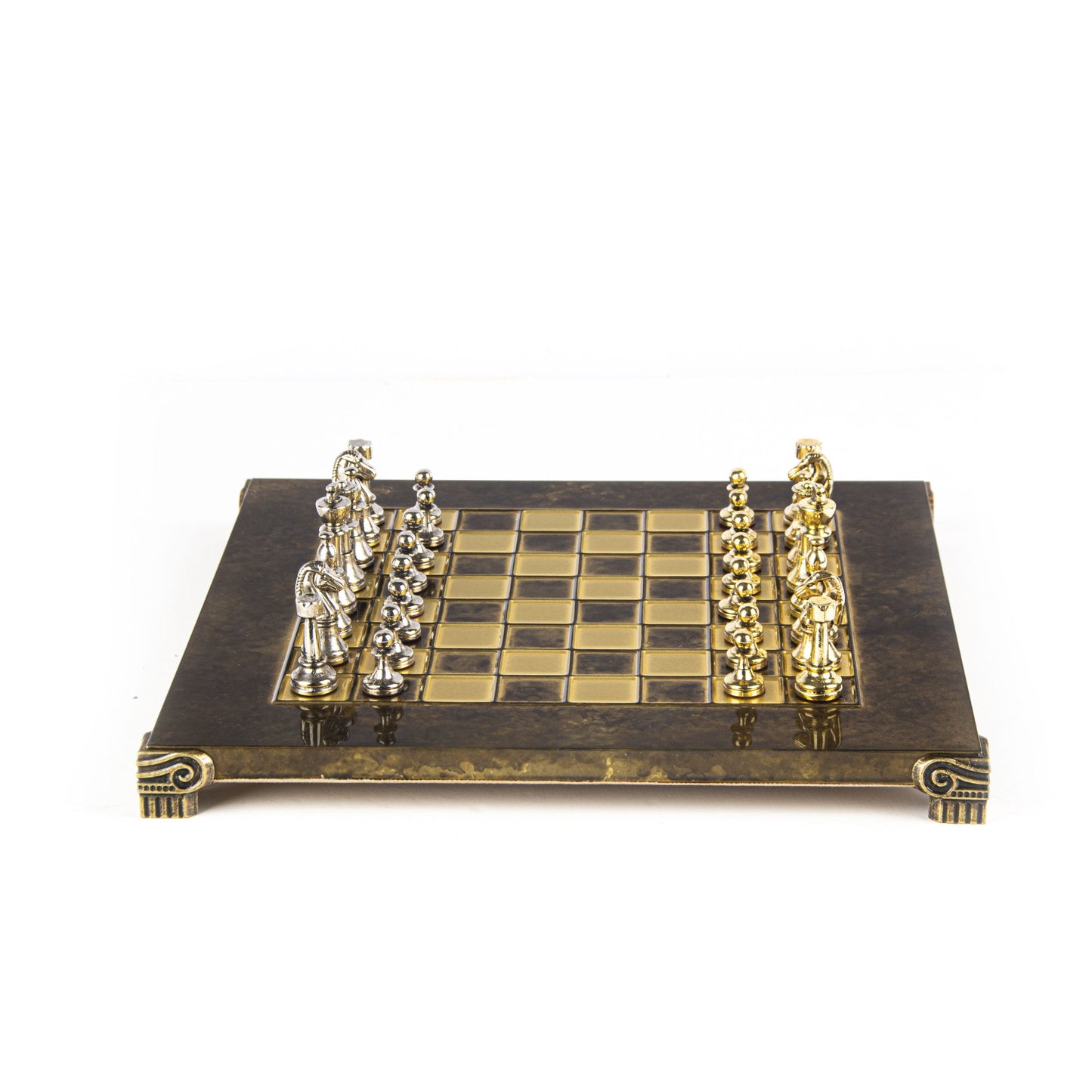 CLASSIC METAL STAUNTON CHESS SET with gold/silver chessmen and bronze chessboard 28 x 28cm (Small) - Premium Chess from MANOPOULOS Chess & Backgammon - Just €168! Shop now at MANOPOULOS Chess & Backgammon