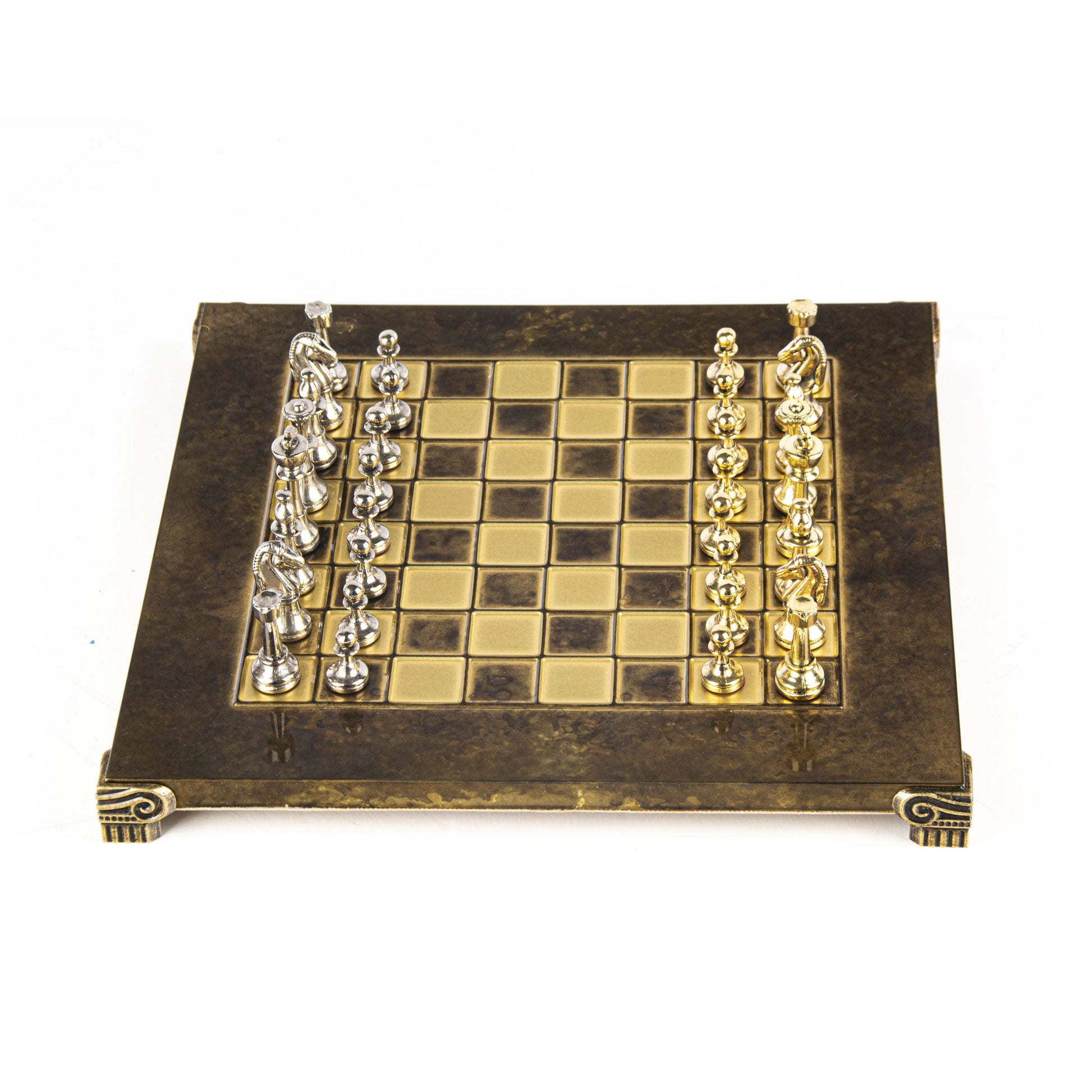 CLASSIC METAL STAUNTON CHESS SET with gold/silver chessmen and bronze chessboard 28 x 28cm (Small) - Premium Chess from MANOPOULOS Chess & Backgammon - Just €168! Shop now at MANOPOULOS Chess & Backgammon