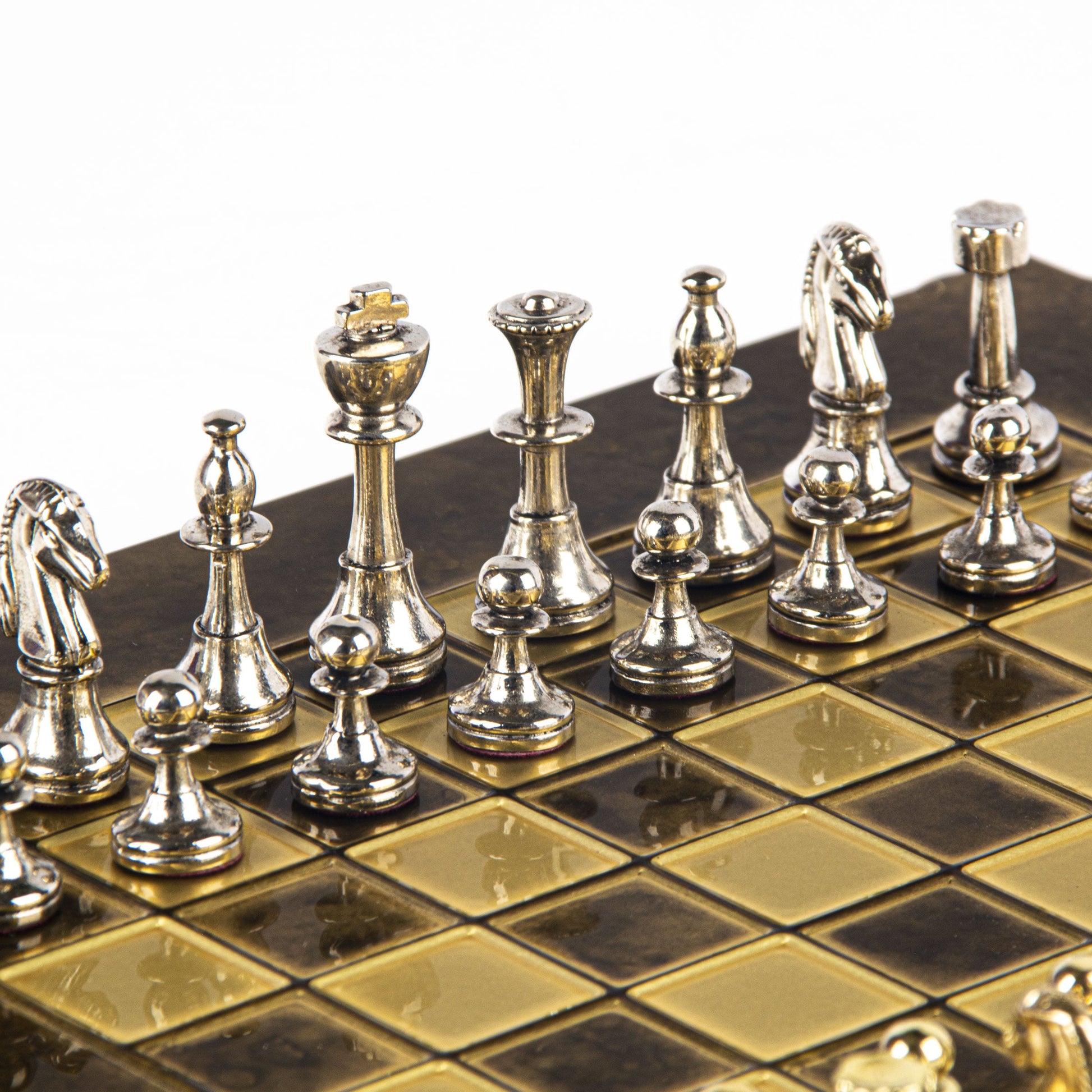 CLASSIC METAL STAUNTON CHESS SET with gold/silver chessmen and bronze chessboard 28 x 28cm (Small) - Premium Chess from MANOPOULOS Chess & Backgammon - Just €168! Shop now at MANOPOULOS Chess & Backgammon