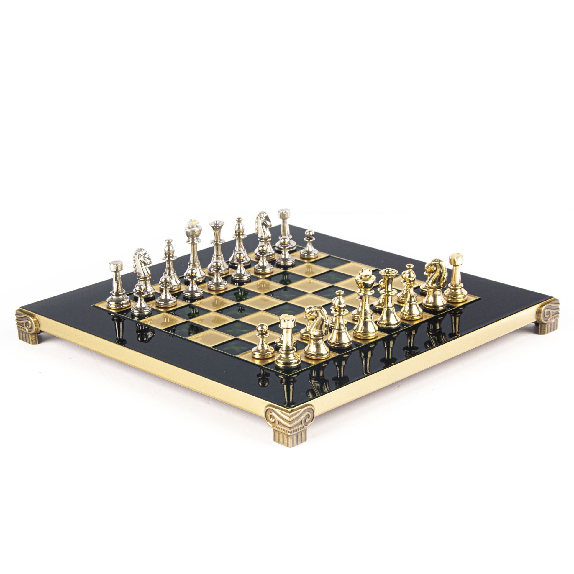 CLASSIC METAL STAUNTON CHESS SET with gold/silver chessmen and bronze chessboard 28 x 28cm (Small) - Premium Chess from MANOPOULOS Chess & Backgammon - Just €168! Shop now at MANOPOULOS Chess & Backgammon