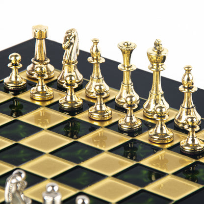 CLASSIC METAL STAUNTON CHESS SET with gold/silver chessmen and bronze chessboard 28 x 28cm (Small) - Premium Chess from MANOPOULOS Chess & Backgammon - Just €168! Shop now at MANOPOULOS Chess & Backgammon