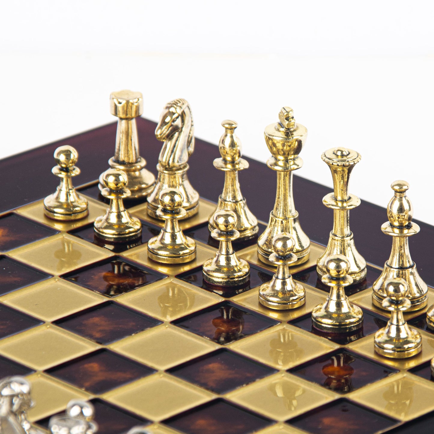 CLASSIC METAL STAUNTON CHESS SET with gold/silver chessmen and bronze chessboard 28 x 28cm (Small) - Premium Chess from MANOPOULOS Chess & Backgammon - Just €168! Shop now at MANOPOULOS Chess & Backgammon