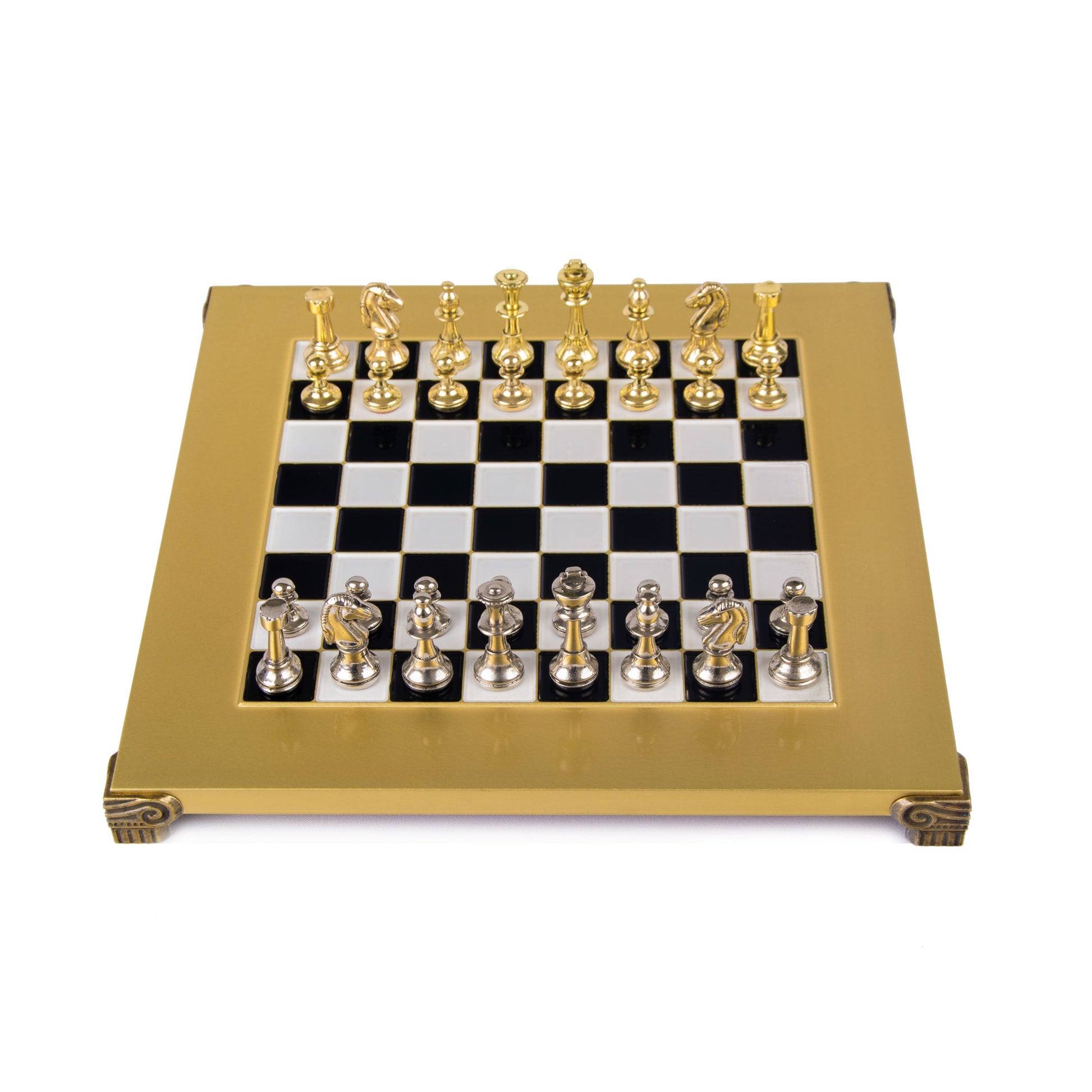 CLASSIC METAL STAUNTON CHESS SET with gold/silver chessmen and bronze chessboard 28 x 28cm (Small) - Premium Chess from MANOPOULOS Chess & Backgammon - Just €168! Shop now at MANOPOULOS Chess & Backgammon