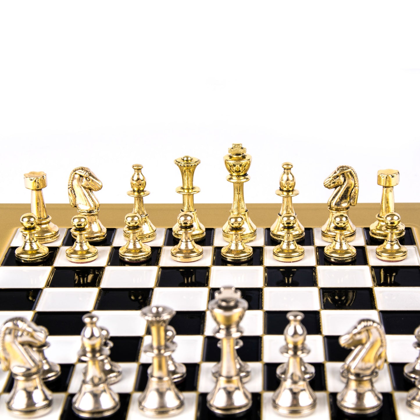 CLASSIC METAL STAUNTON CHESS SET with gold/silver chessmen and bronze chessboard 28 x 28cm (Small) - Premium Chess from MANOPOULOS Chess & Backgammon - Just €168! Shop now at MANOPOULOS Chess & Backgammon