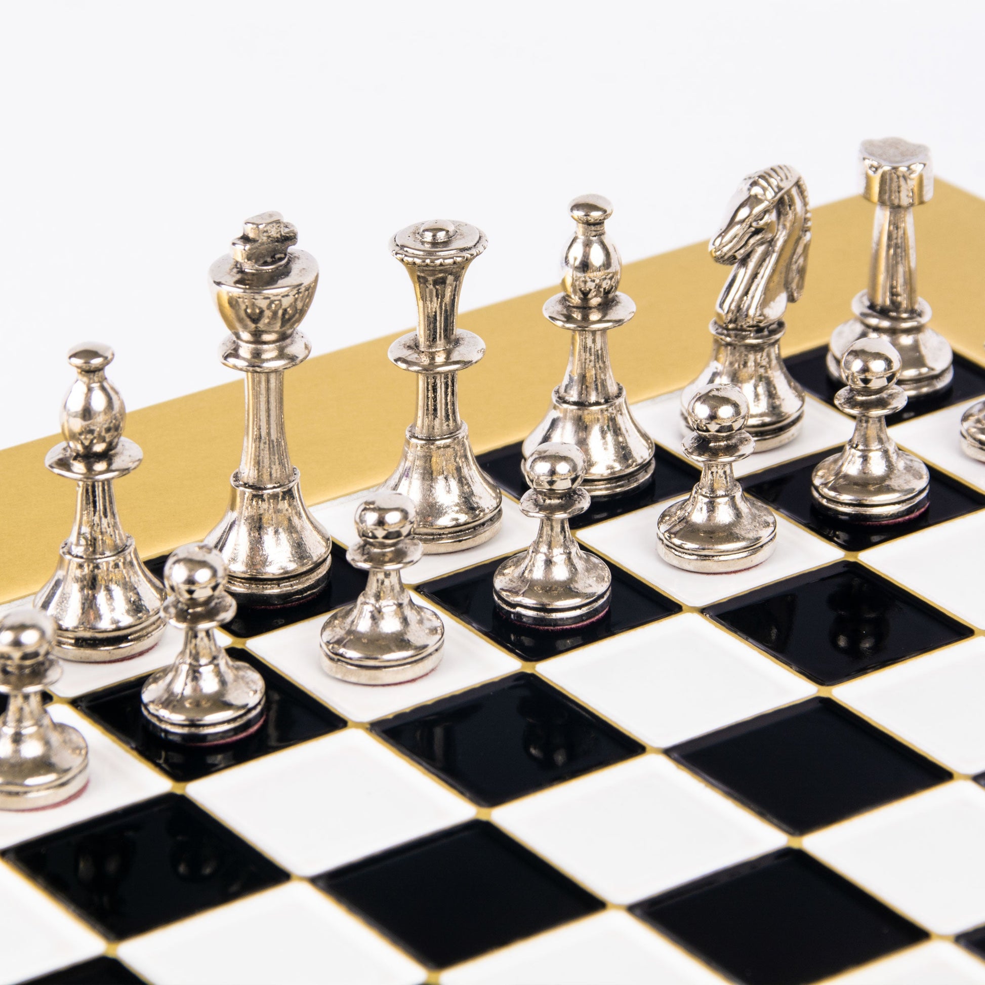 CLASSIC METAL STAUNTON CHESS SET with gold/silver chessmen and bronze chessboard 28 x 28cm (Small) - Premium Chess from MANOPOULOS Chess & Backgammon - Just €168! Shop now at MANOPOULOS Chess & Backgammon