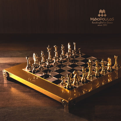 CLASSIC METAL STAUNTON CHESS SET with gold/silver chessmen and bronze chessboard 28 x 28cm (Small) - Premium Chess from MANOPOULOS Chess & Backgammon - Just €168! Shop now at MANOPOULOS Chess & Backgammon